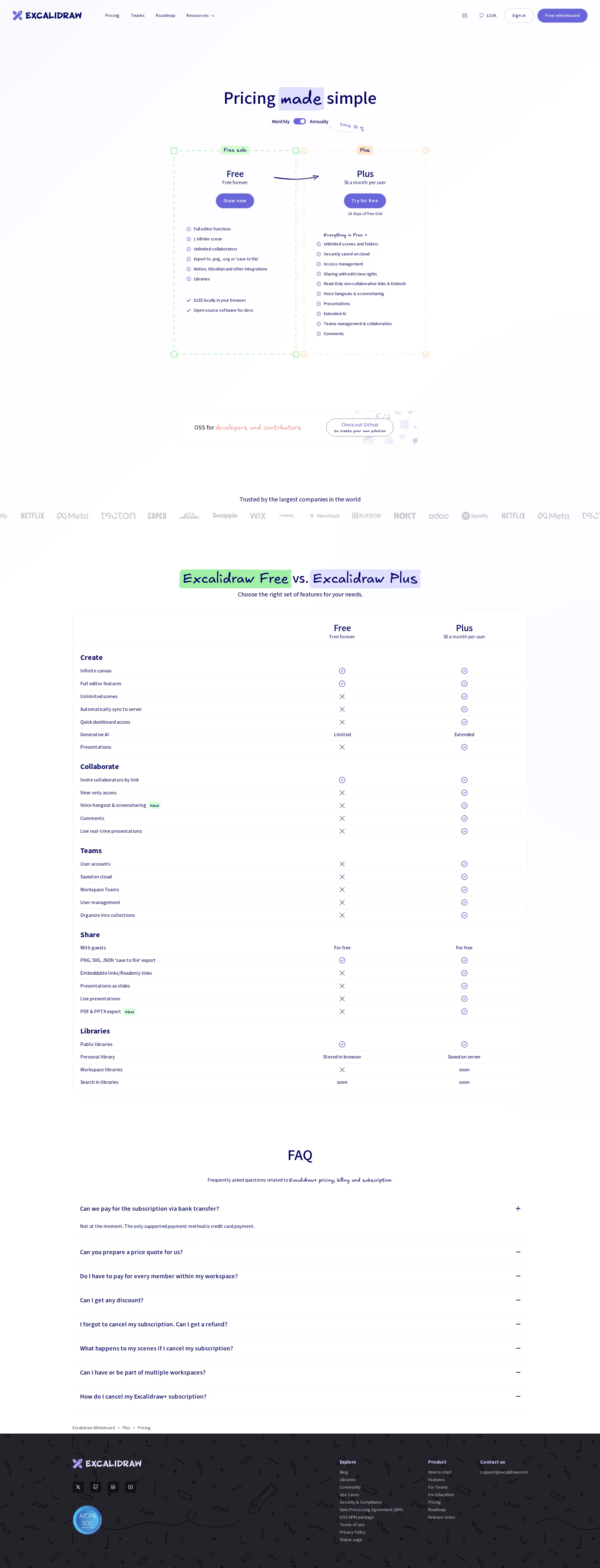 Excalidraw+ pricing page screenshot