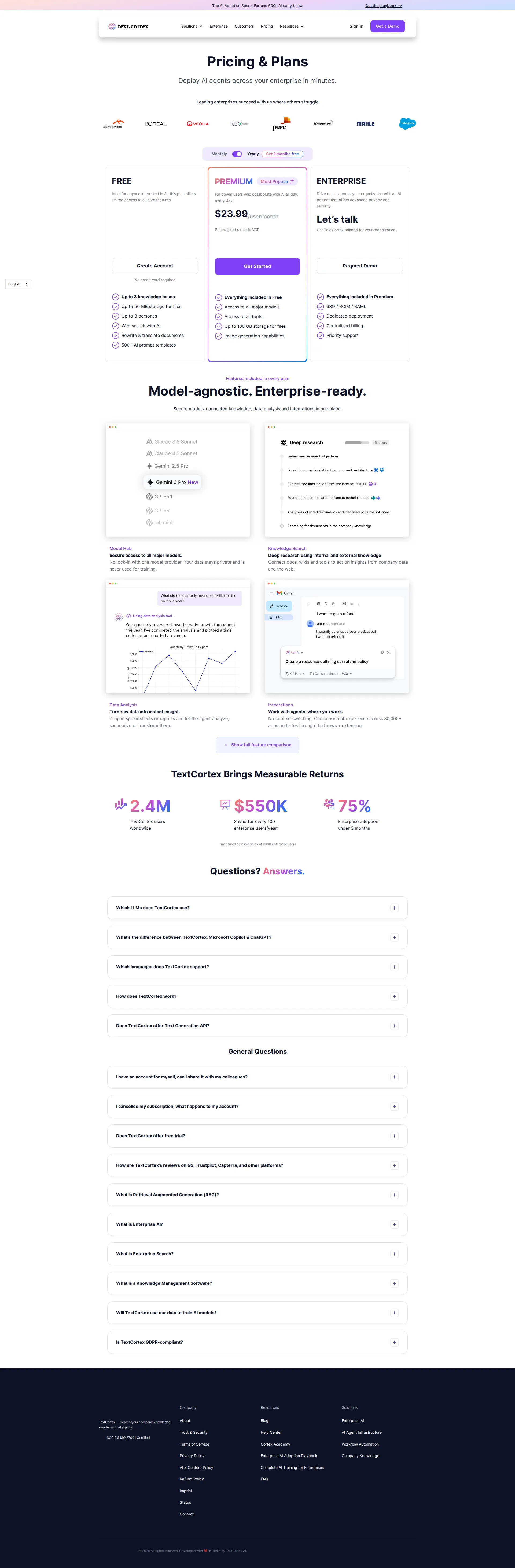 TextCortex Pro pricing page screenshot