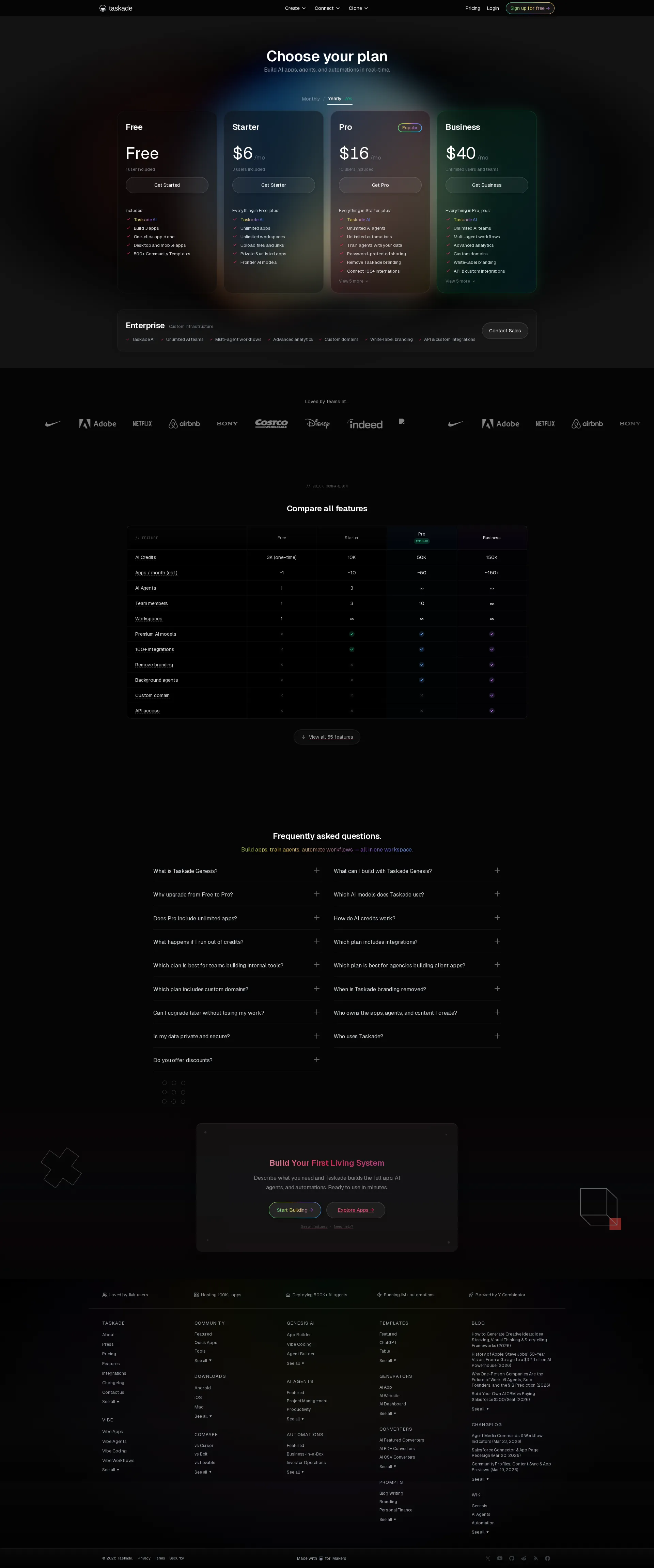 Taskade pricing page screenshot