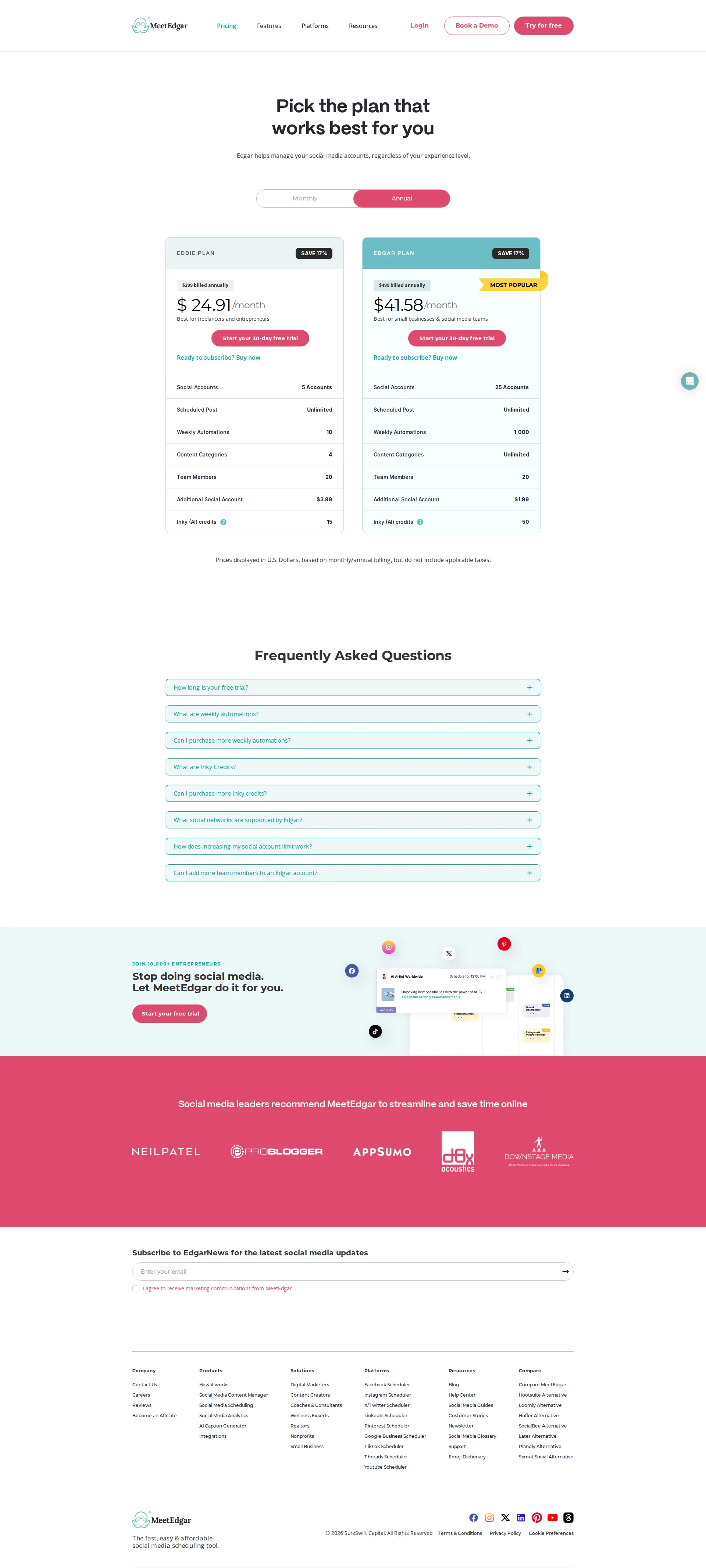 MeetEdgar Pro pricing page screenshot