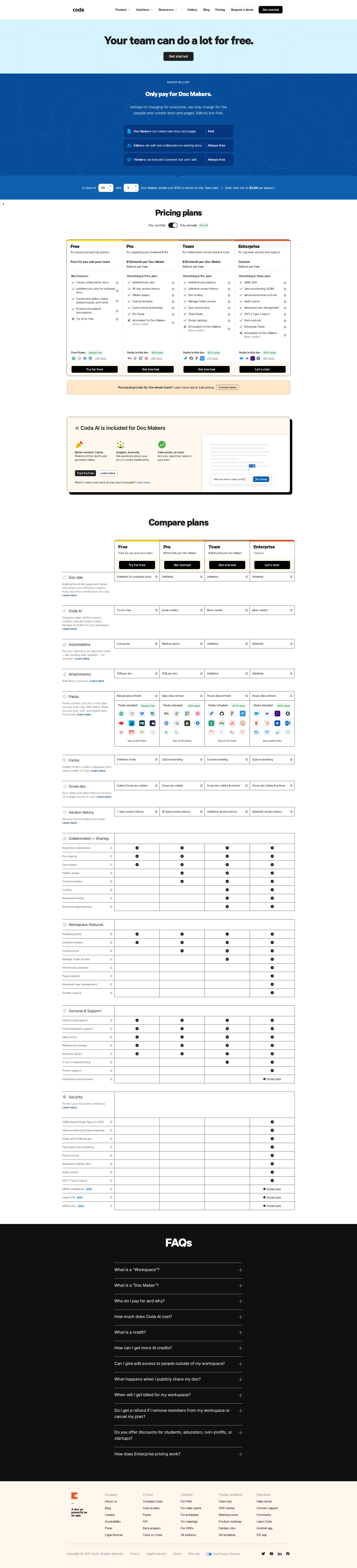 Coda pricing page screenshot