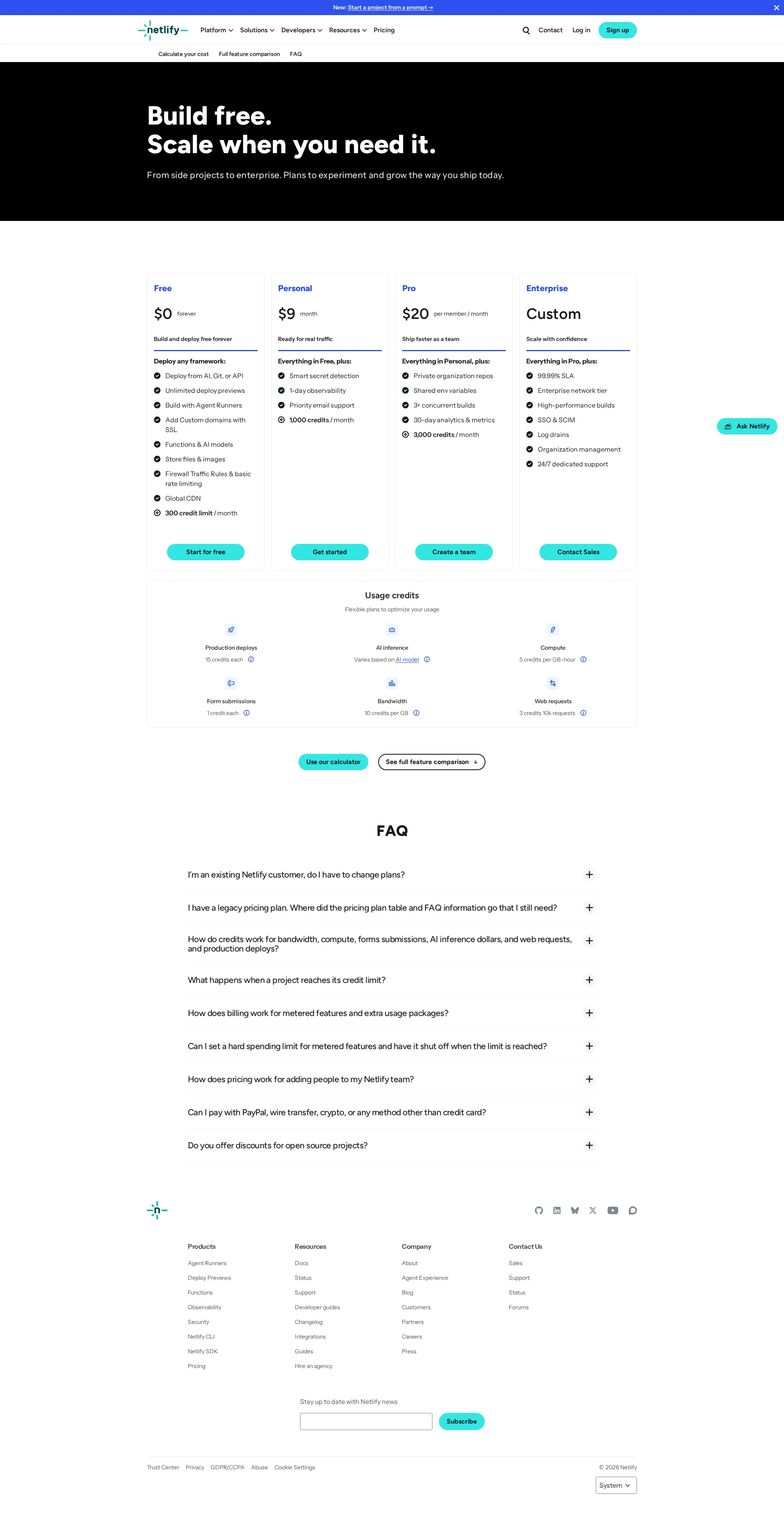 Netlify Pro pricing page screenshot