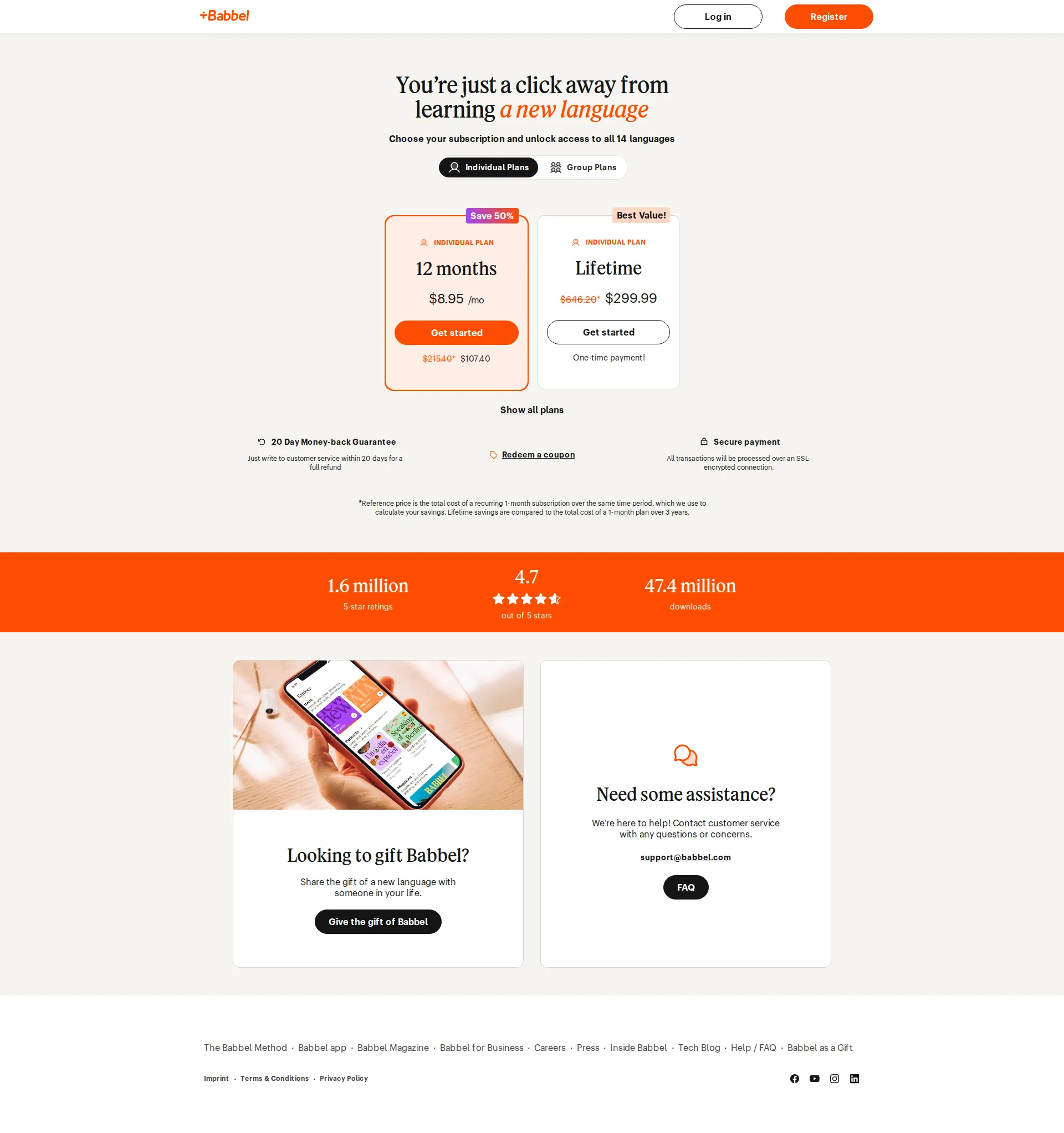 Babbel pricing page screenshot