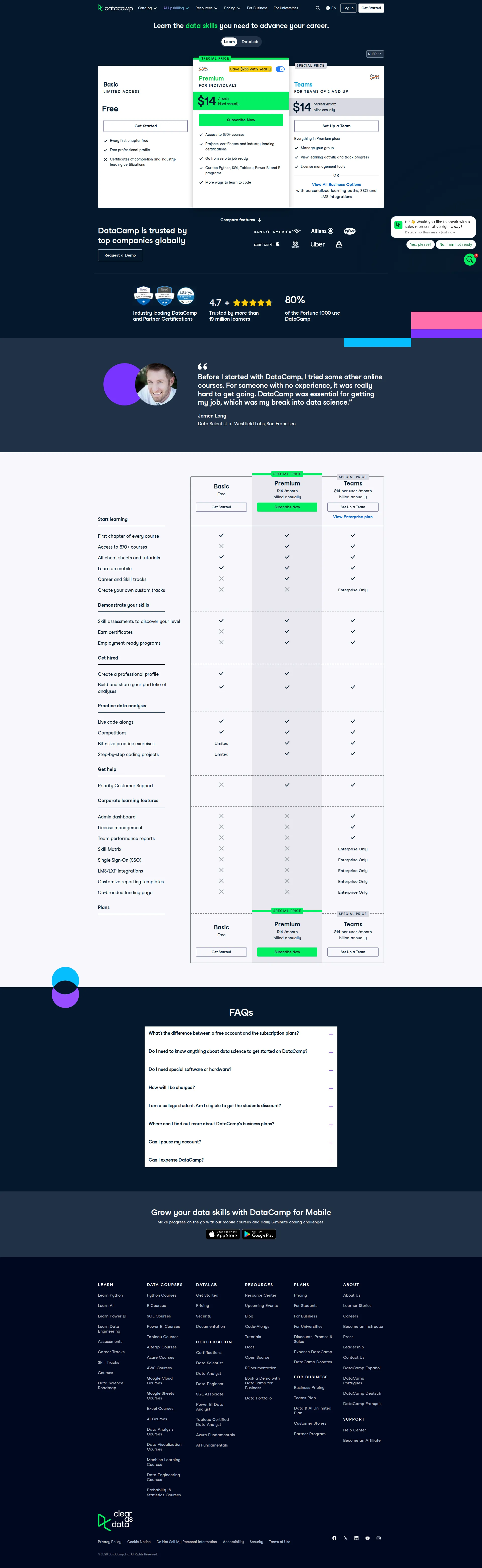 DataCamp pricing page screenshot