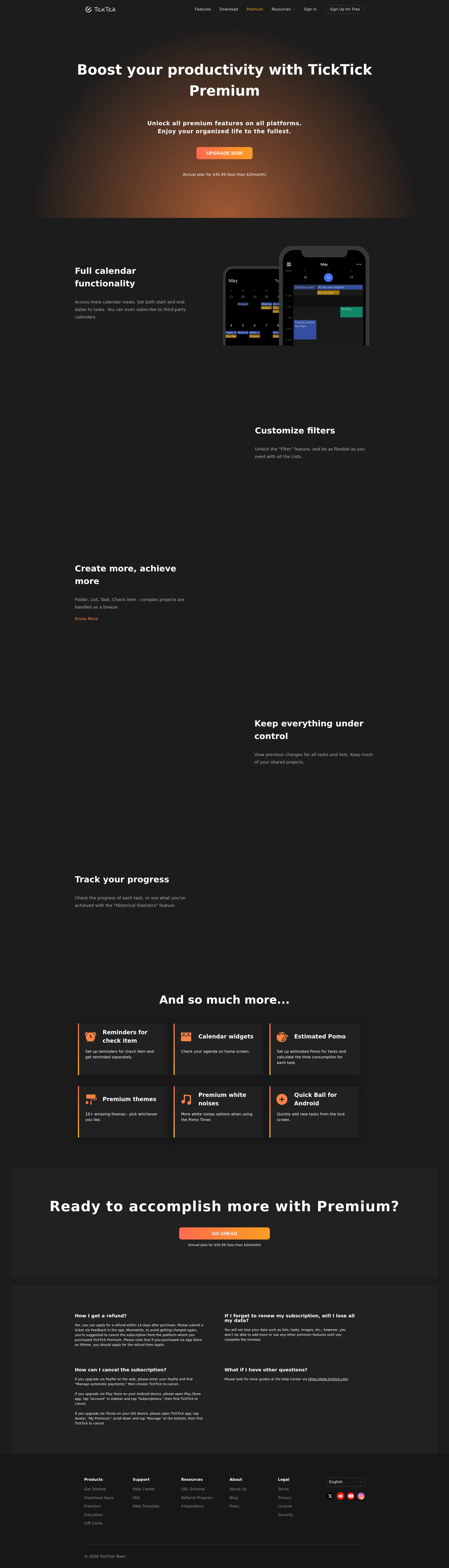 TickTick pricing page screenshot