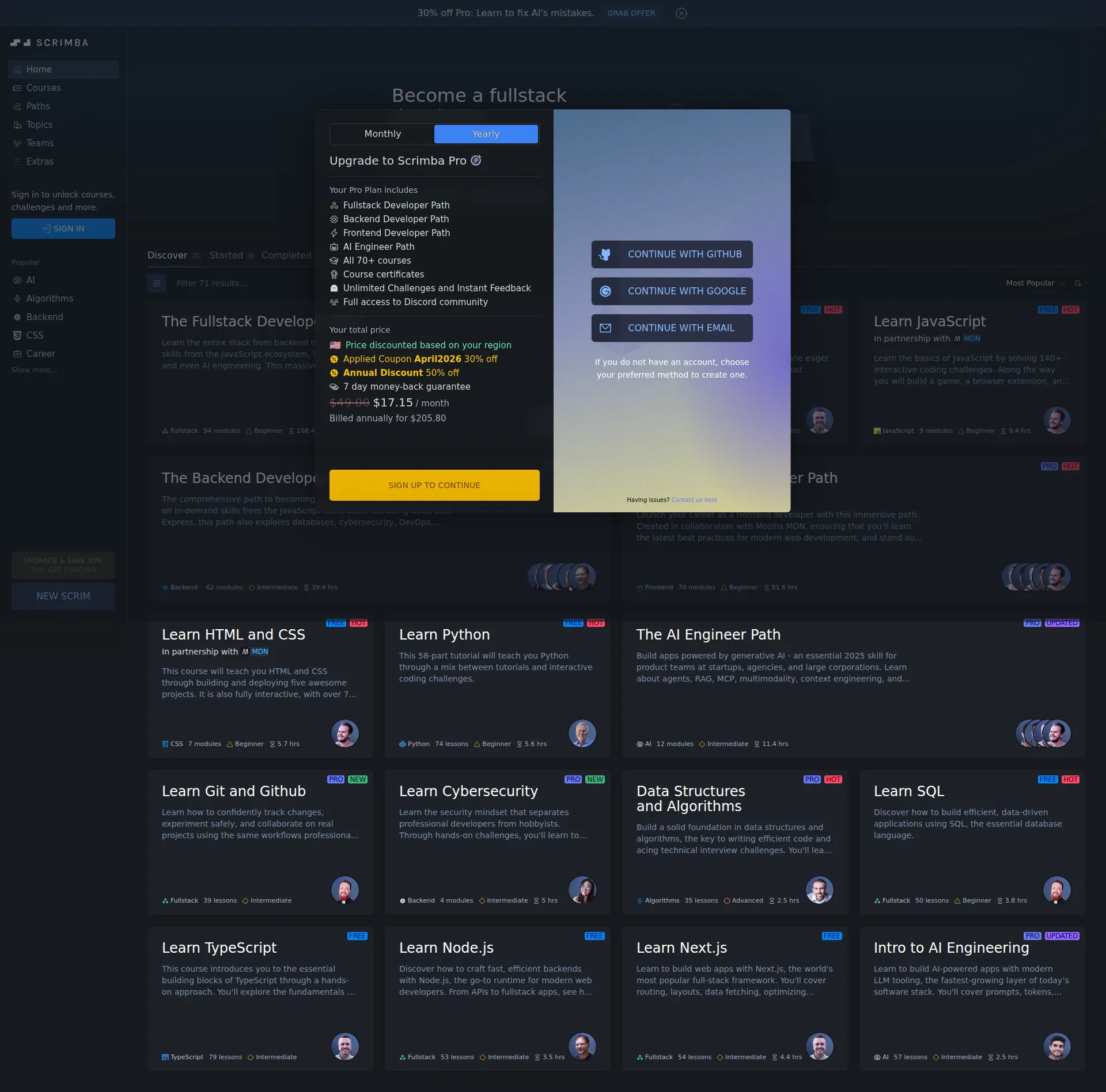 Scrimba pricing page screenshot
