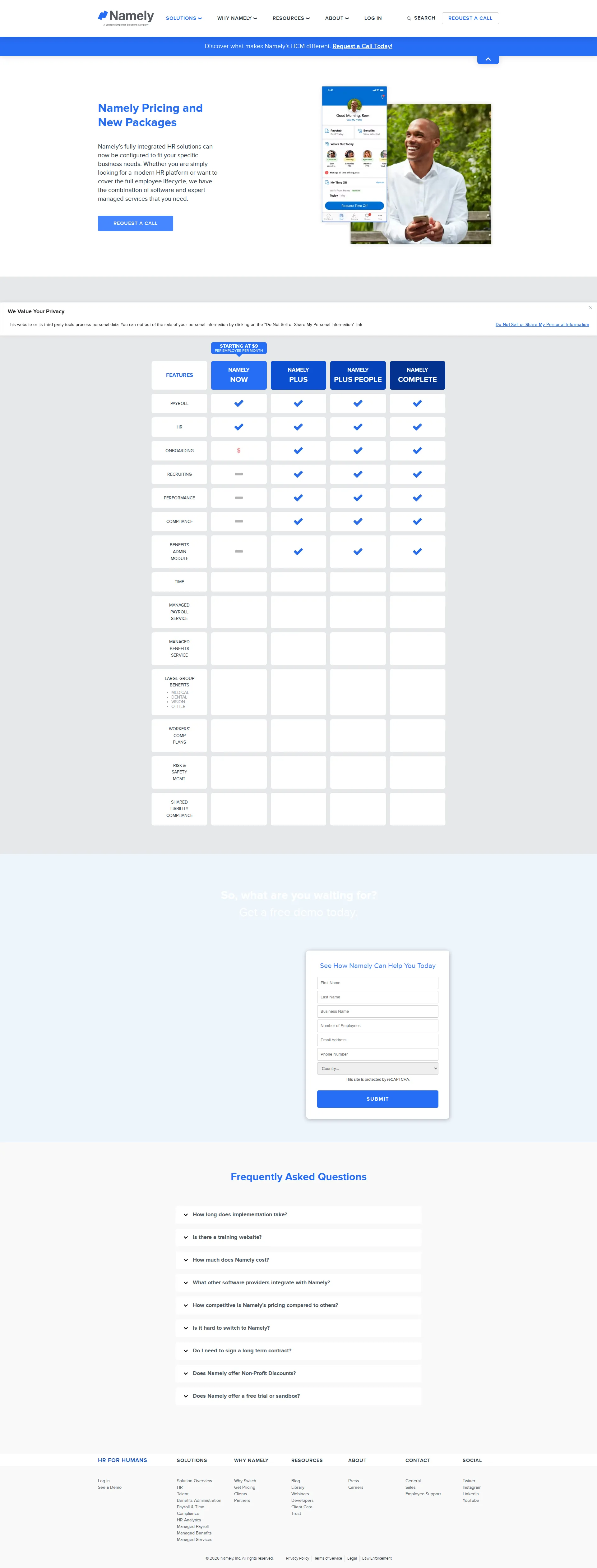 Namely pricing page screenshot