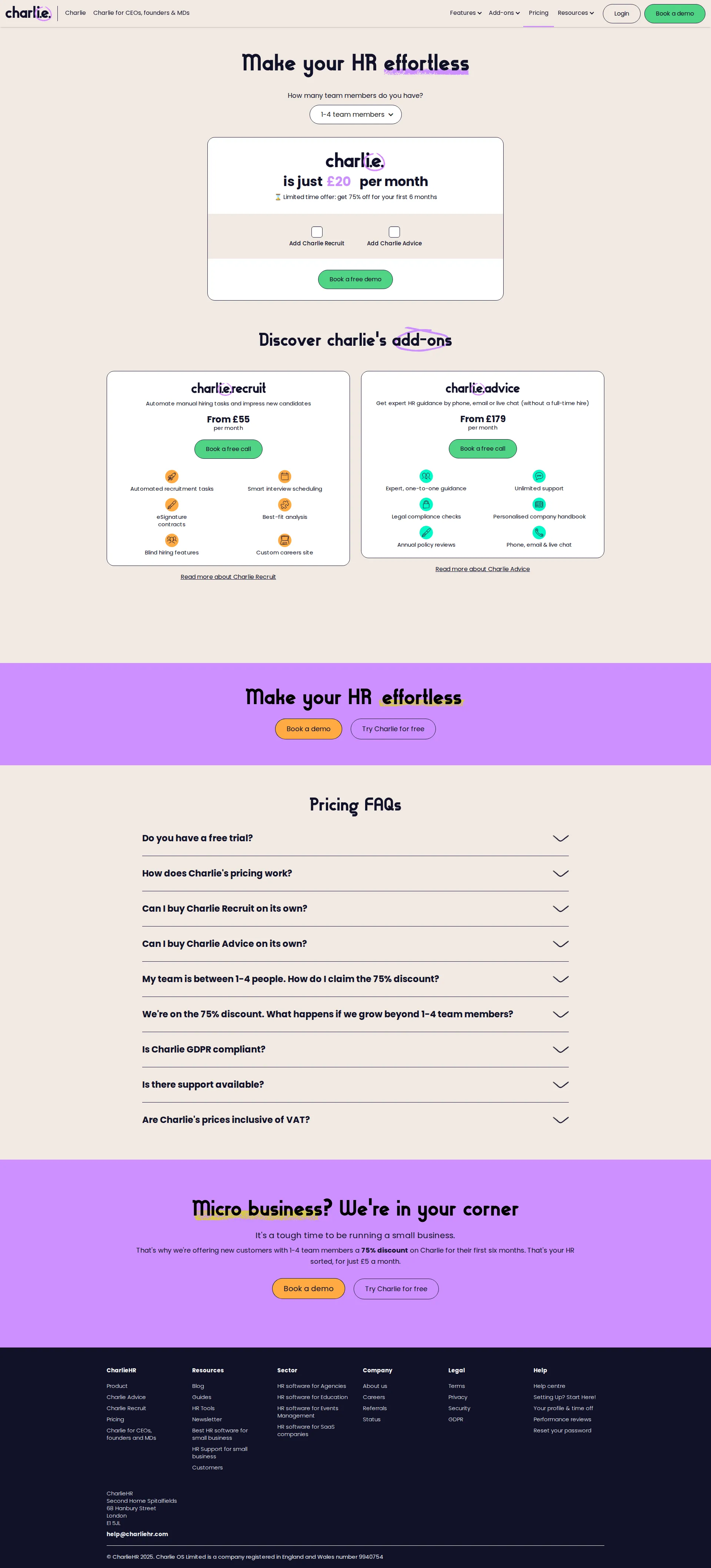 CharlieHR pricing page screenshot