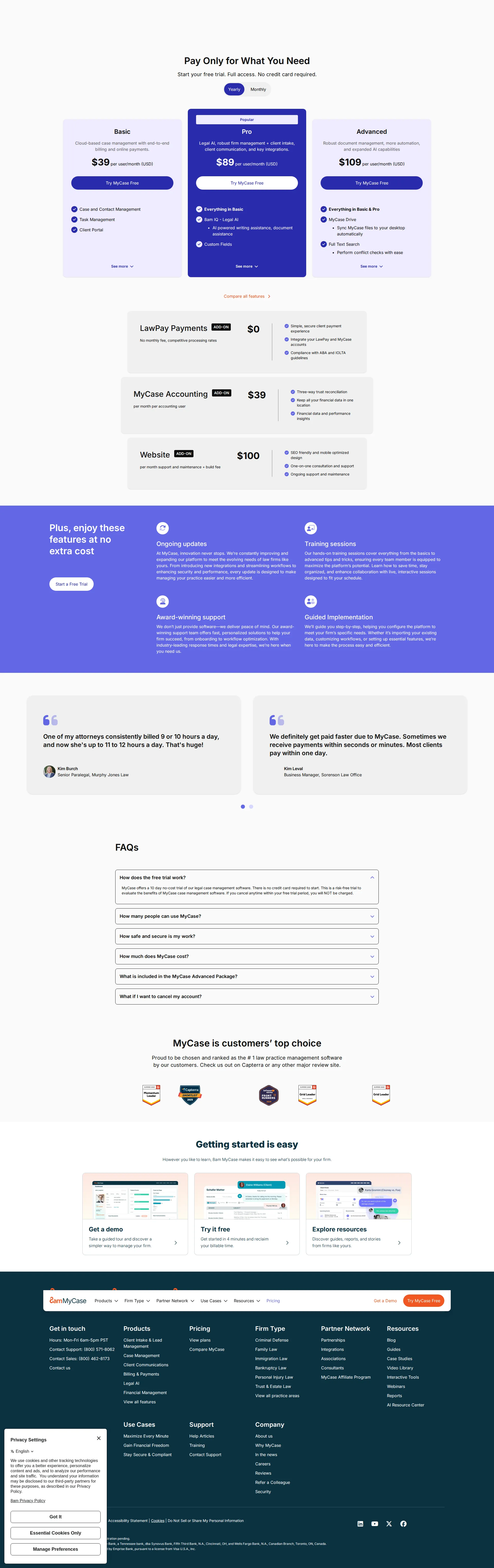 MyCase pricing page screenshot