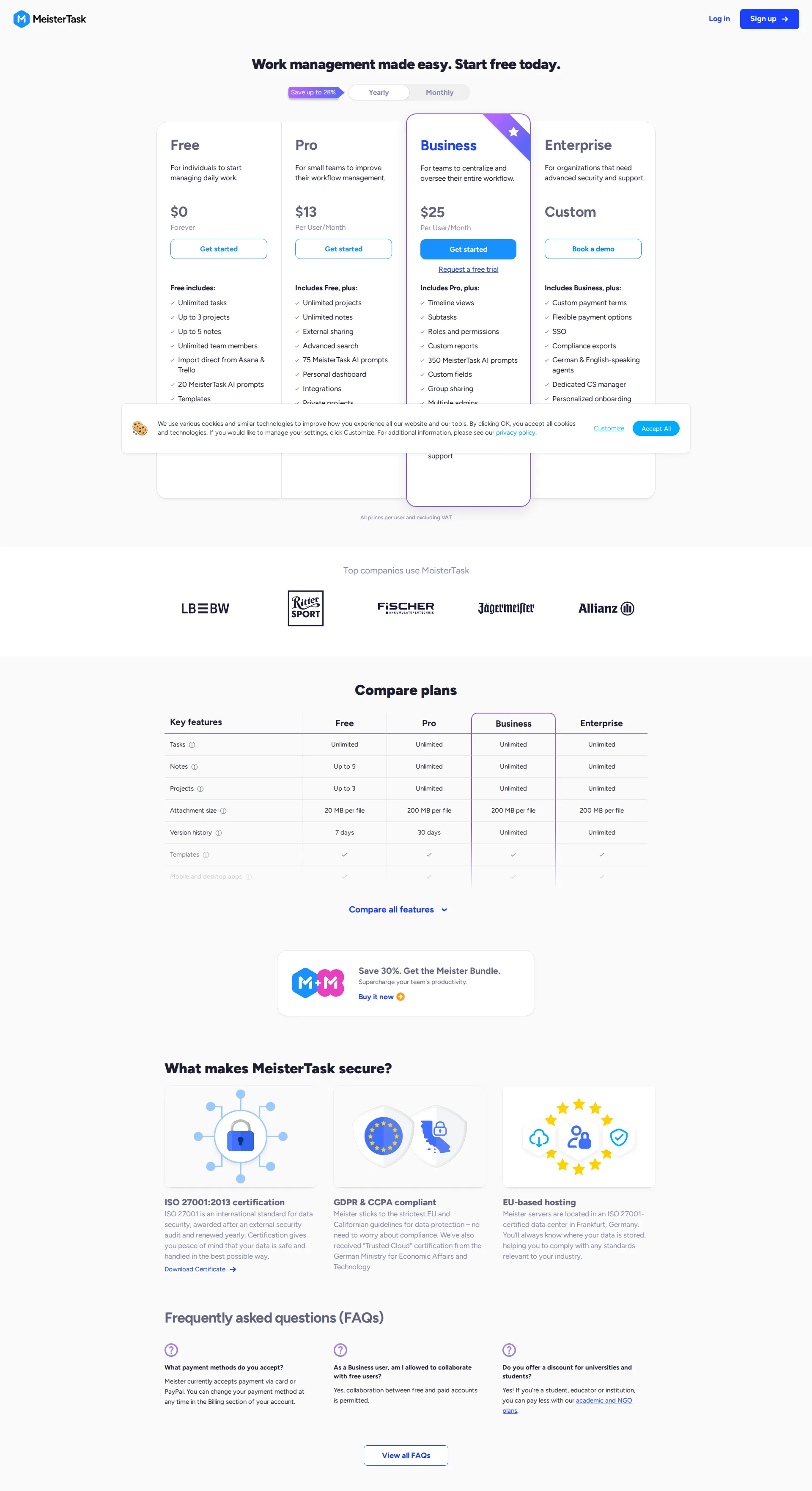 MeisterTask pricing page screenshot