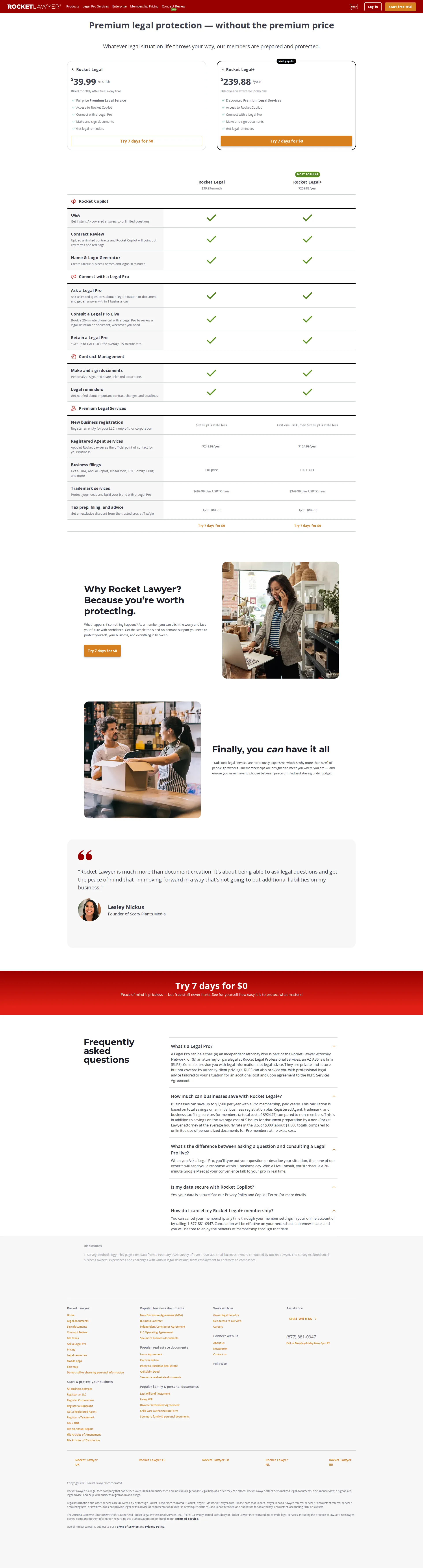 Rocket Lawyer pricing page screenshot