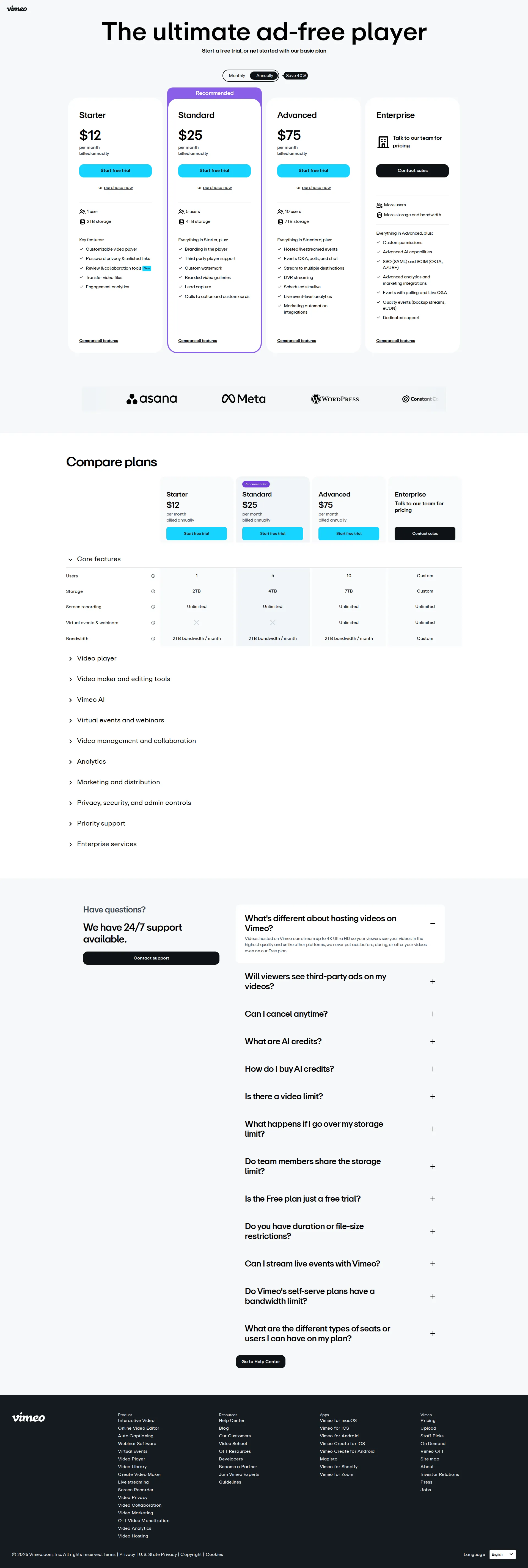 Vimeo pricing page screenshot