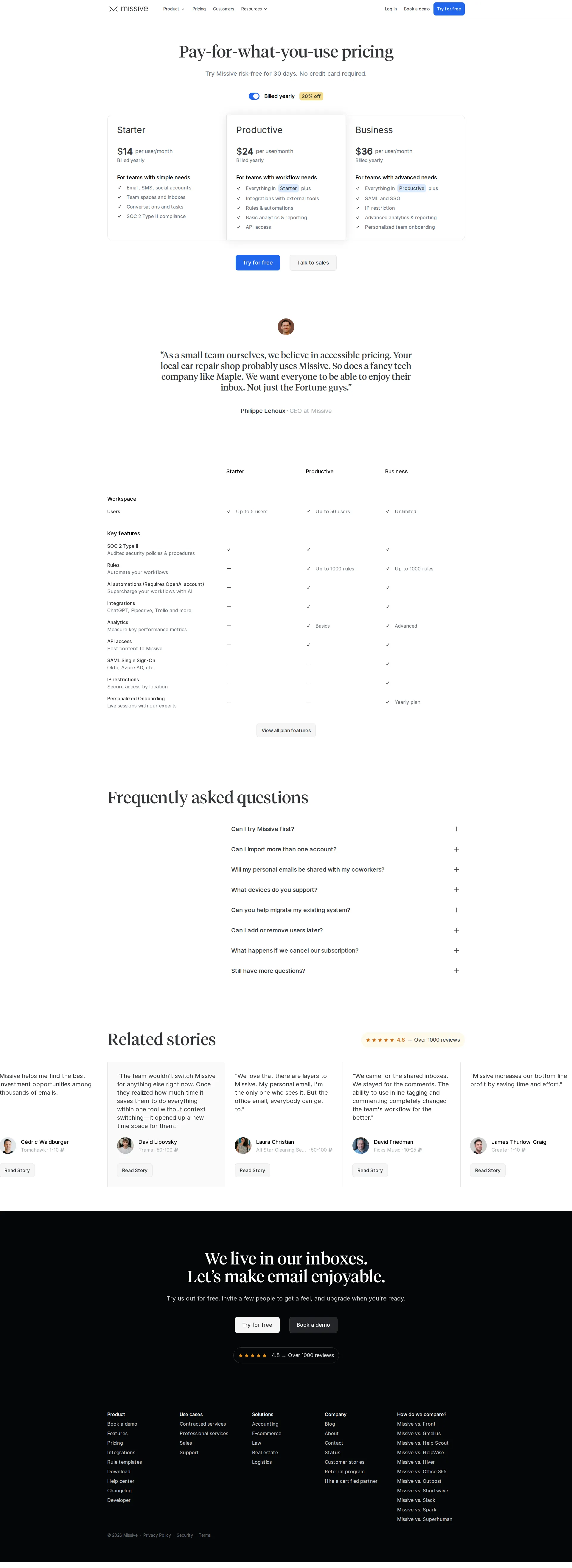 Missive pricing page screenshot