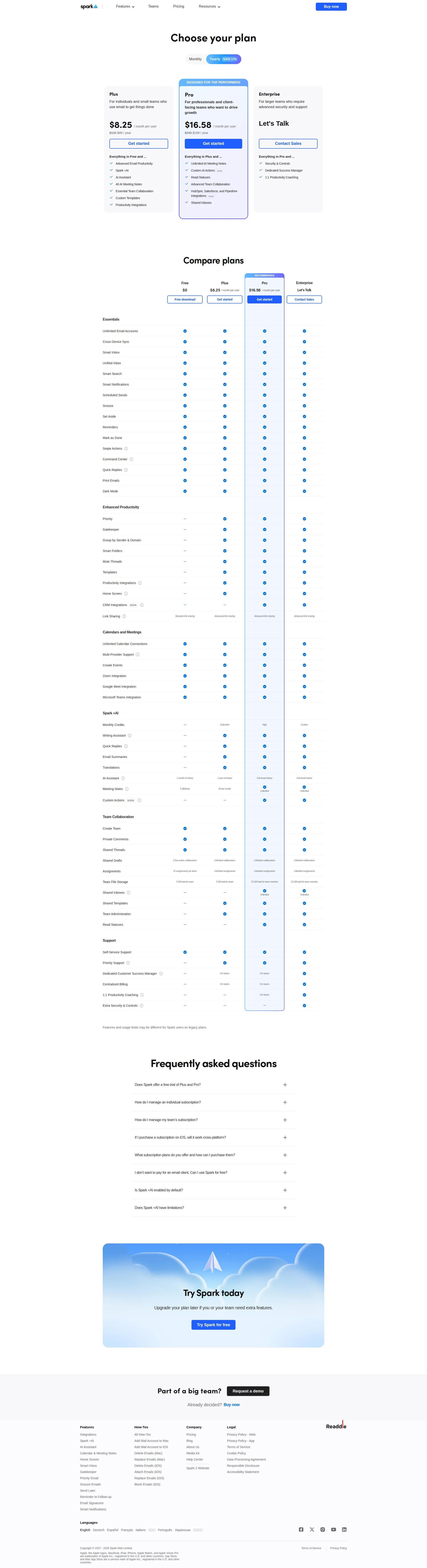 Spark pricing page screenshot