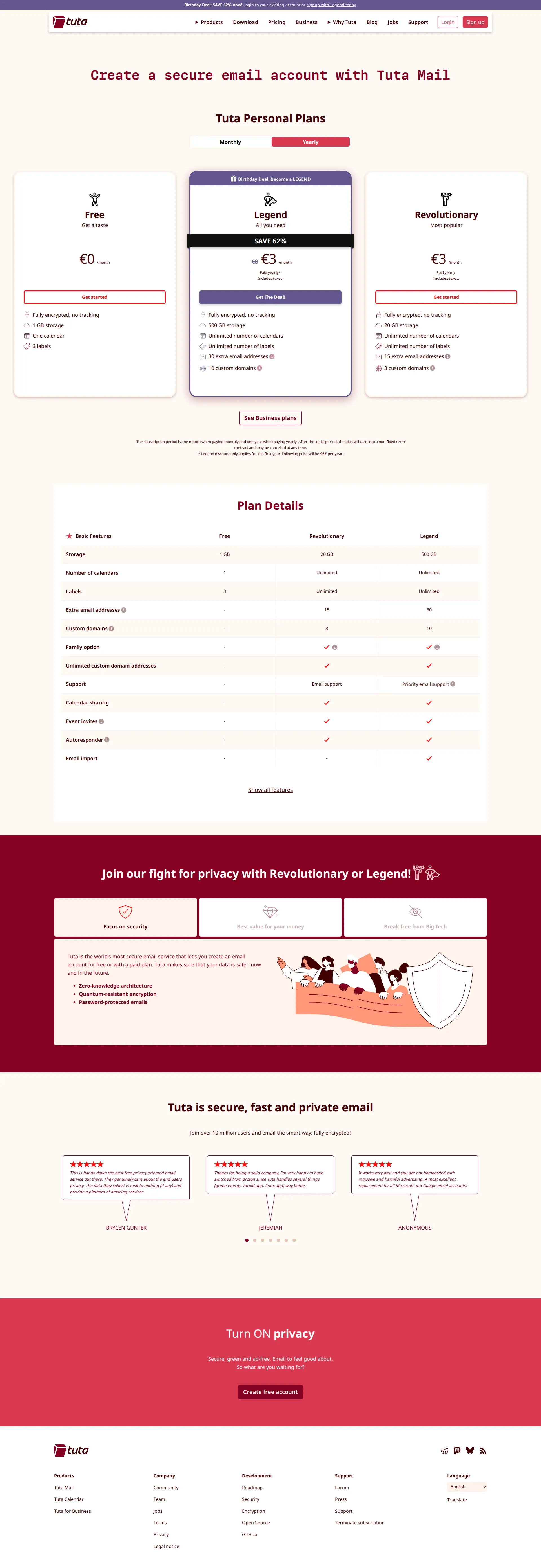 Tuta pricing page screenshot
