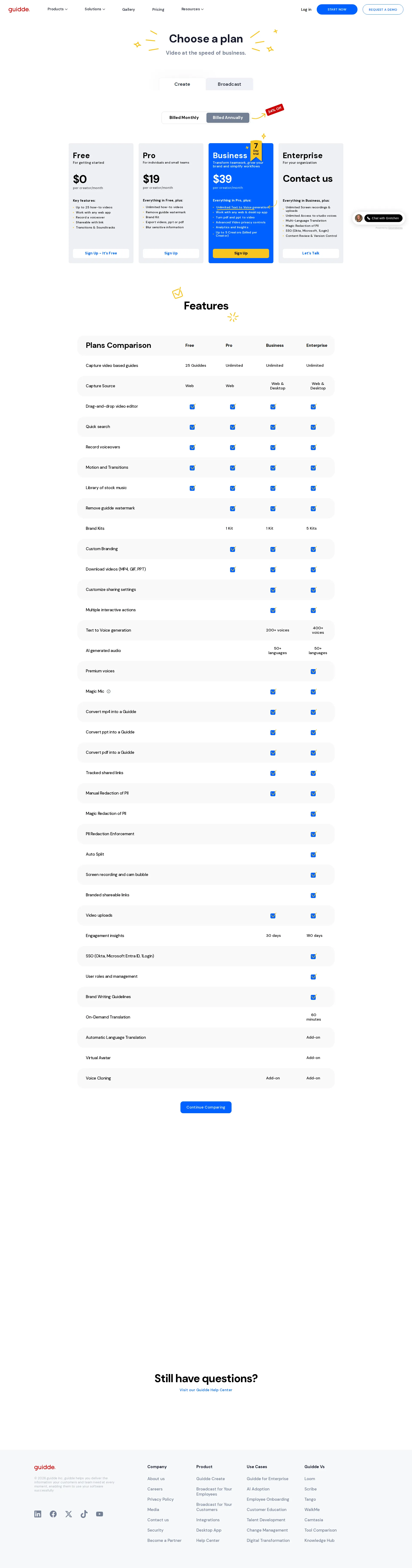 Guidde pricing page screenshot