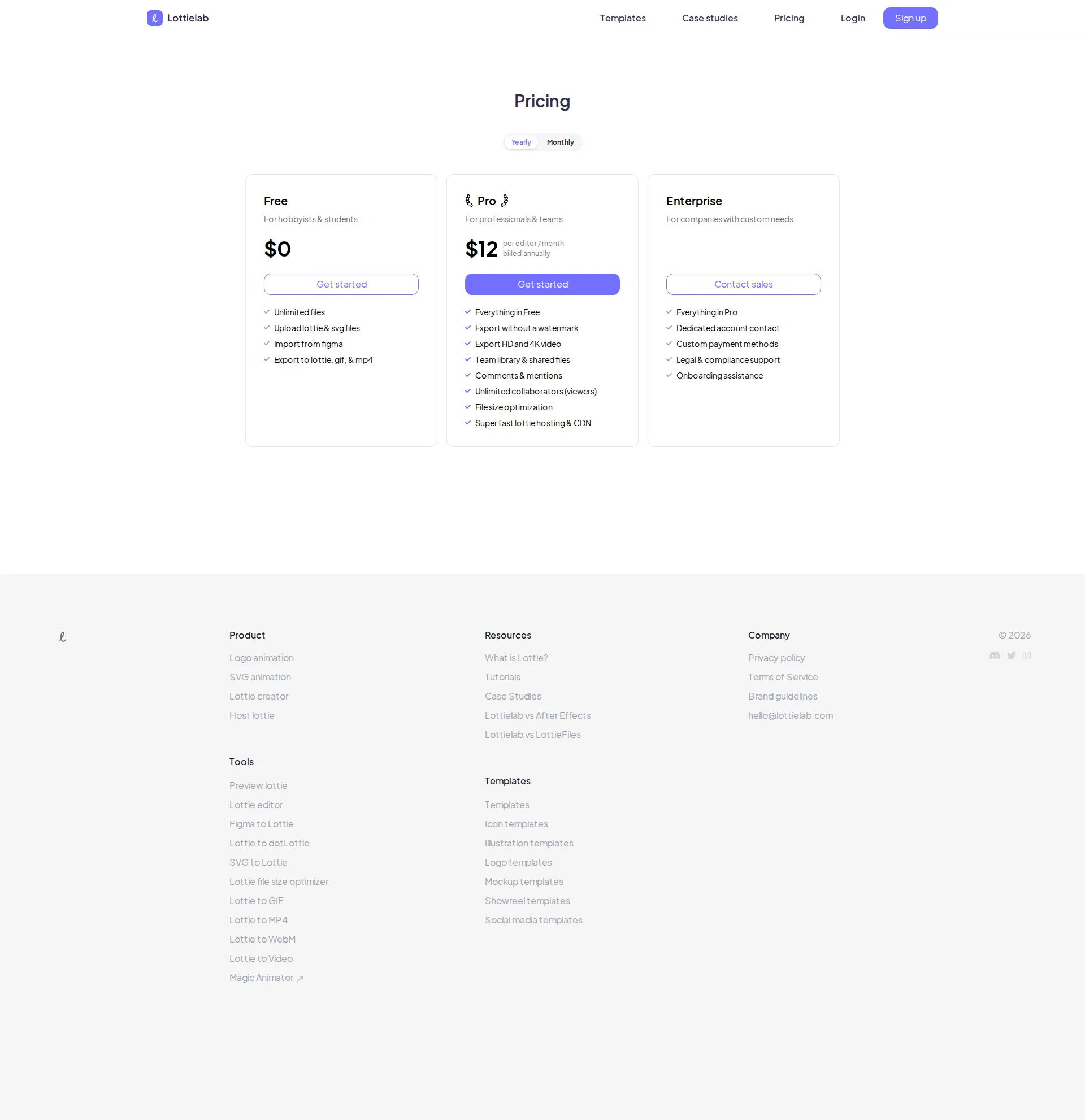 Lottielab pricing page screenshot