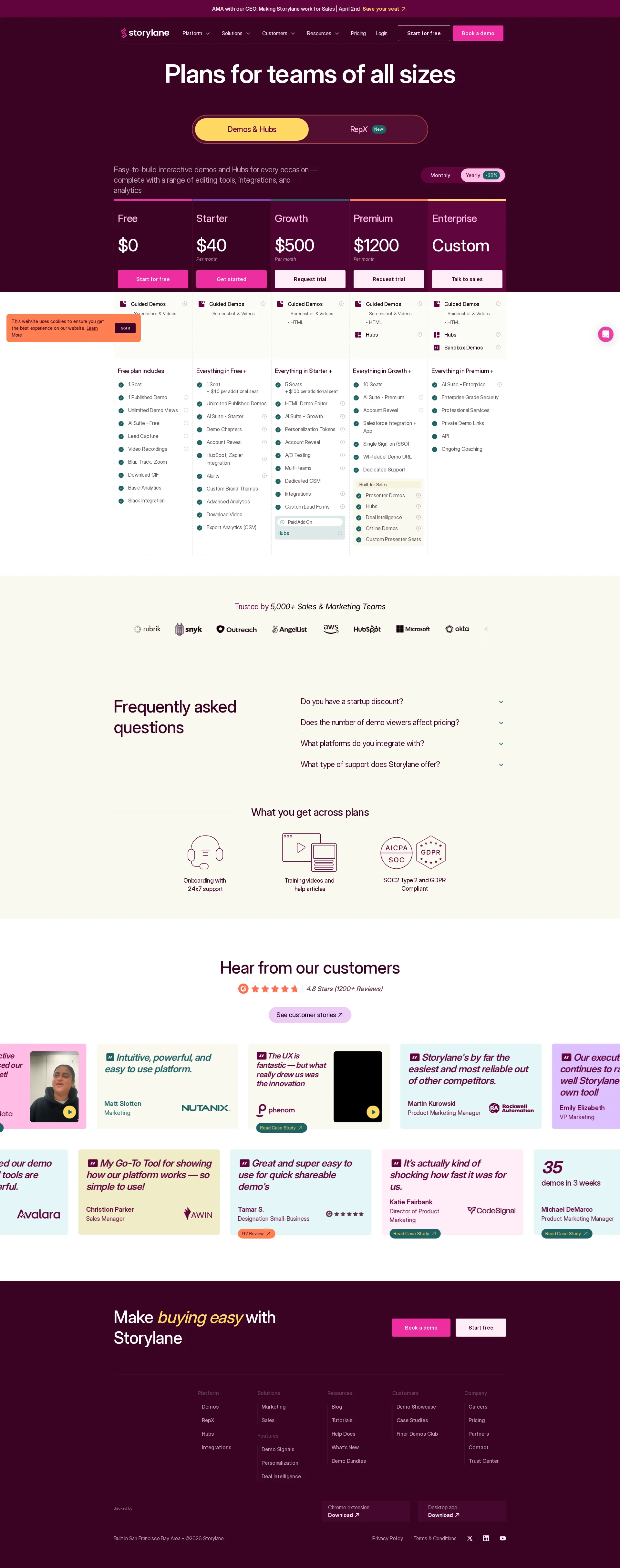 Storylane pricing page screenshot