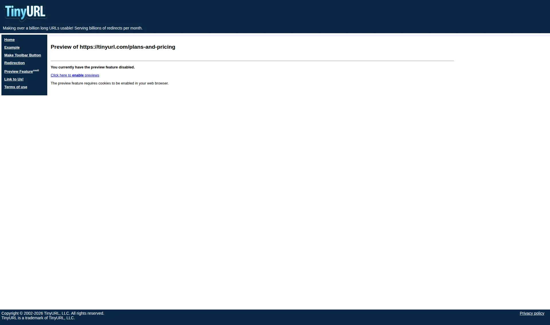 TinyURL pricing page screenshot