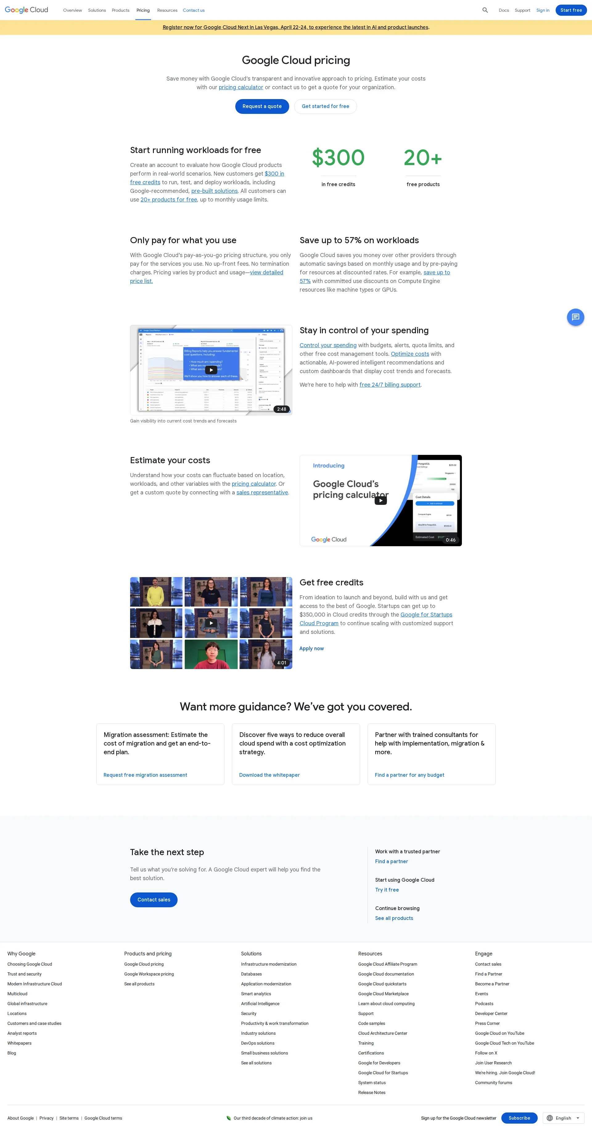 Google Cloud pricing page screenshot
