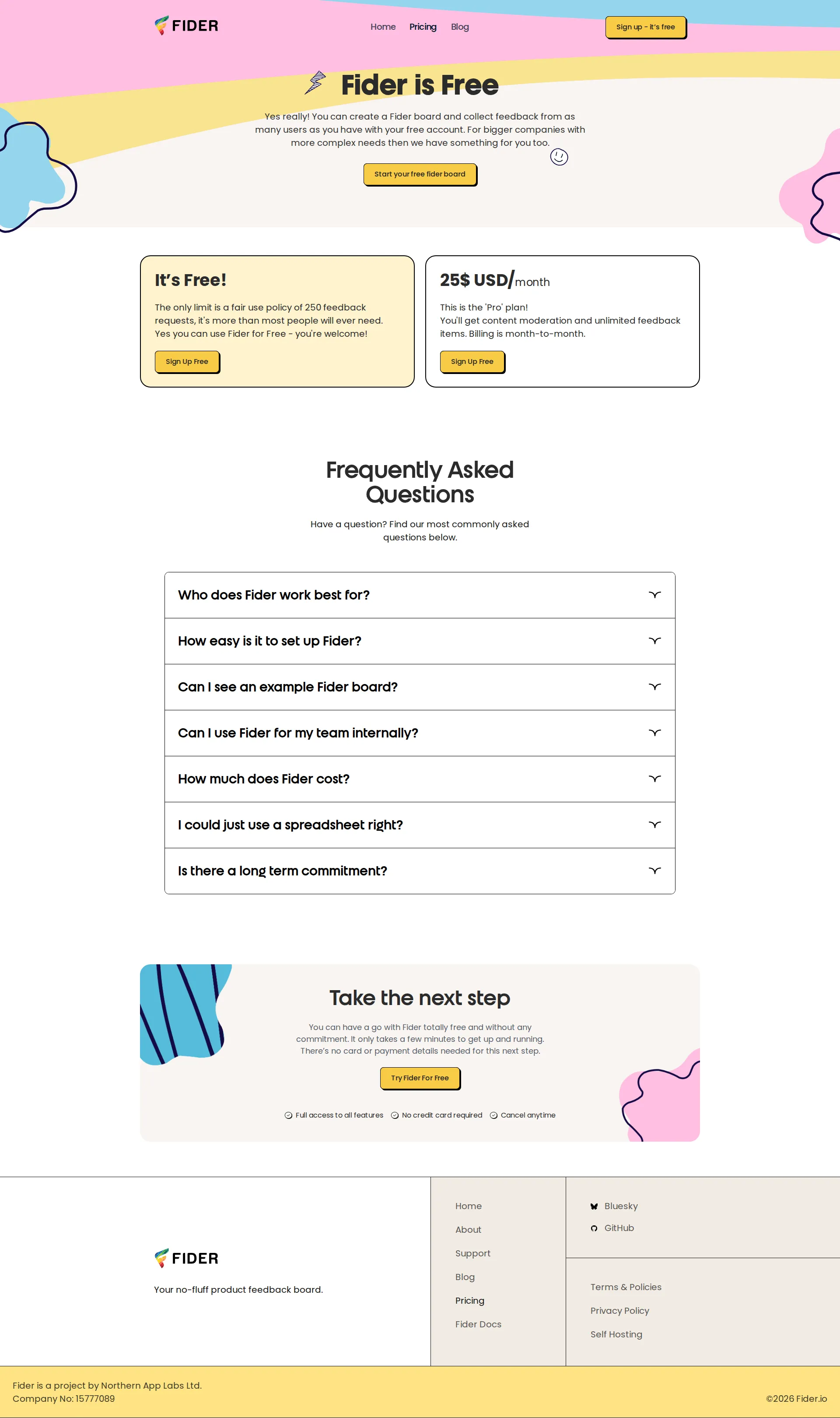 Fider pricing page screenshot