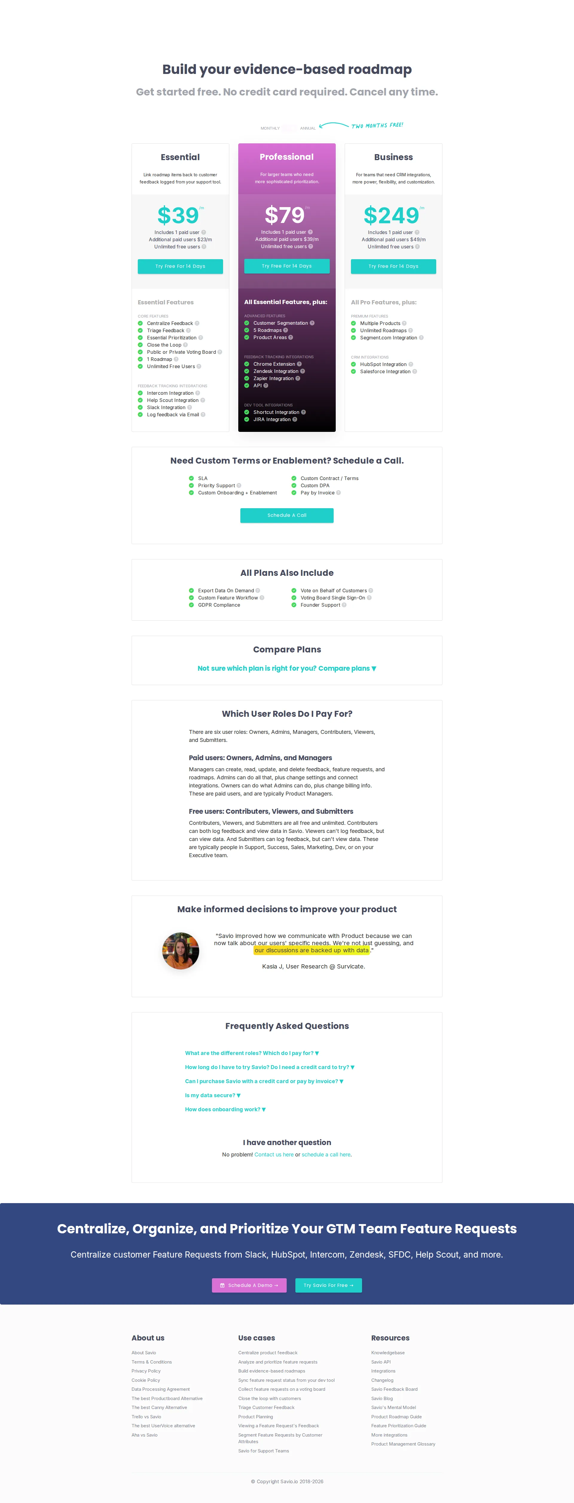Savio pricing page screenshot