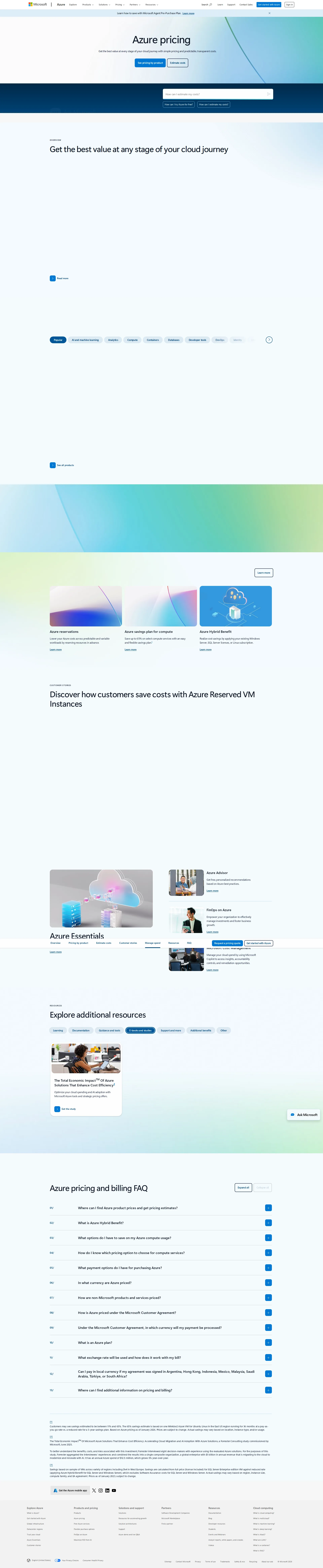 Microsoft Azure pricing page screenshot