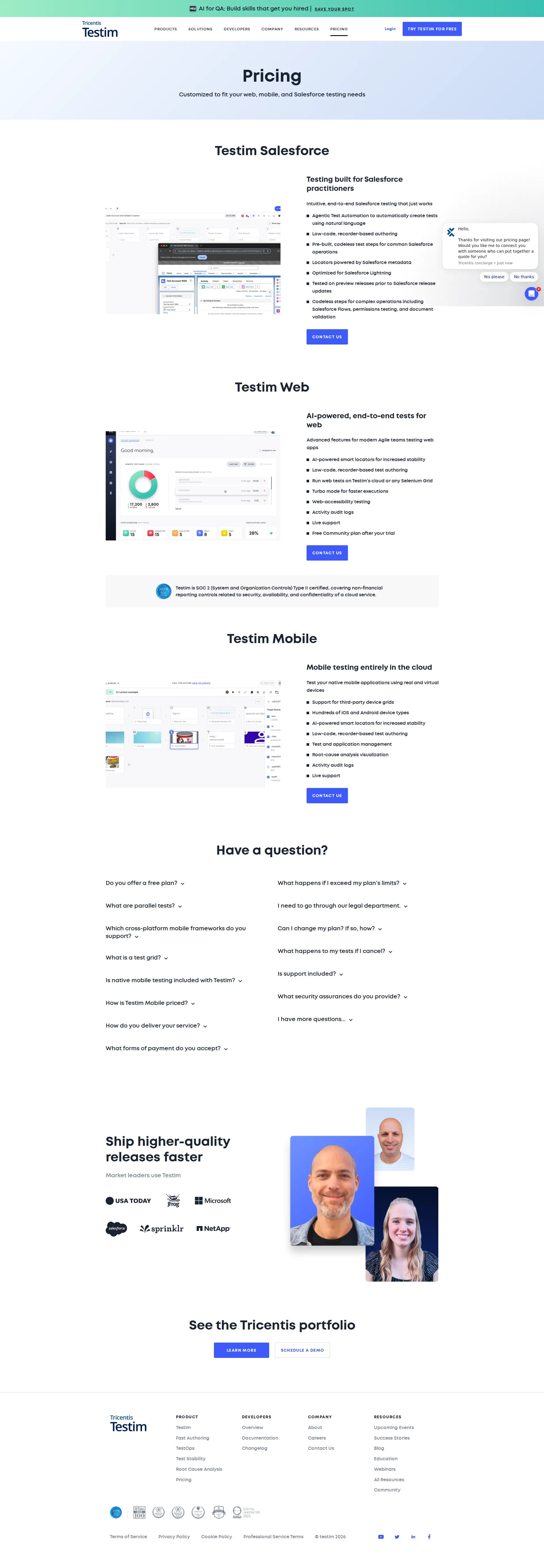 Testim pricing page screenshot