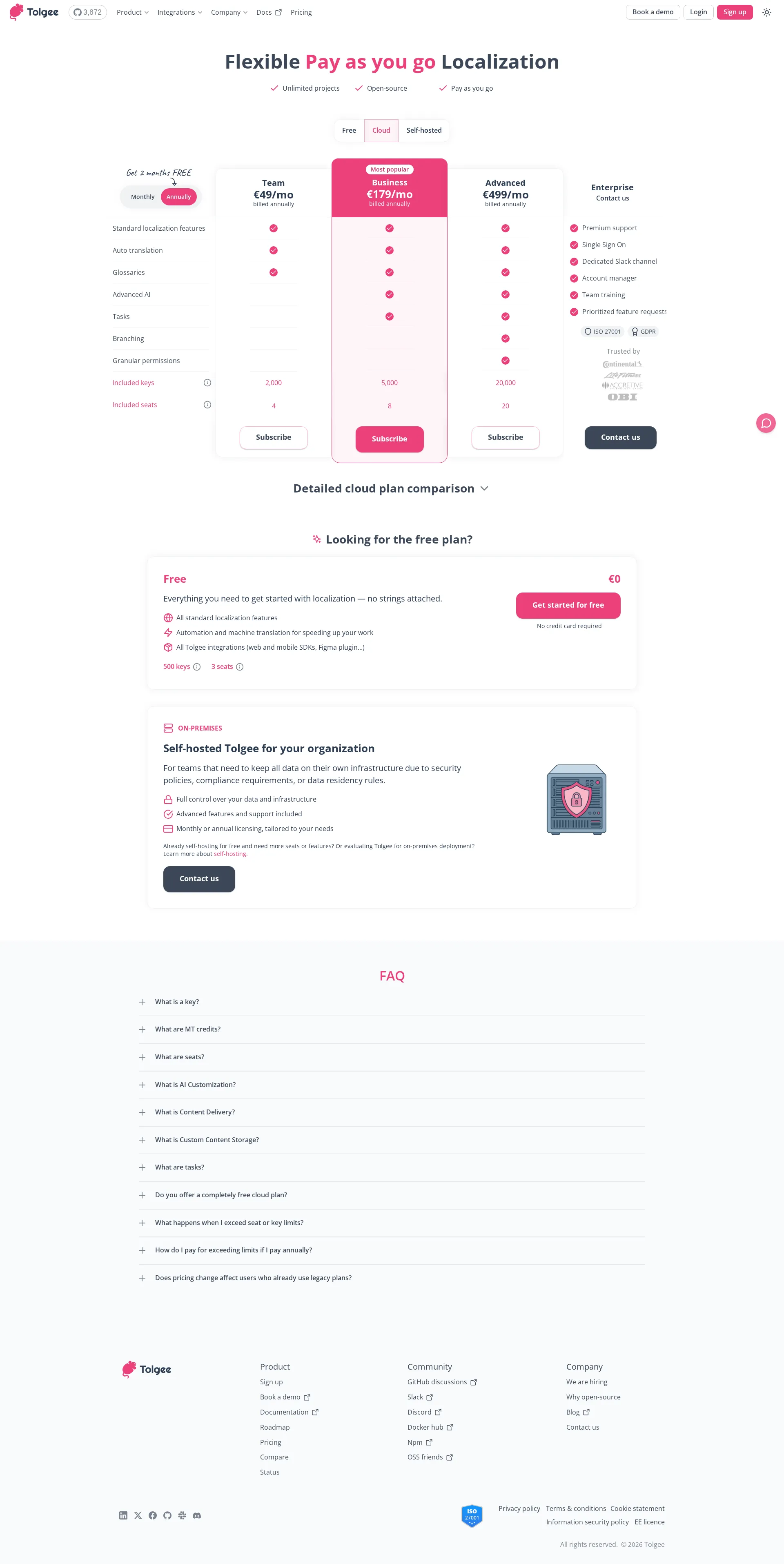Tolgee pricing page screenshot