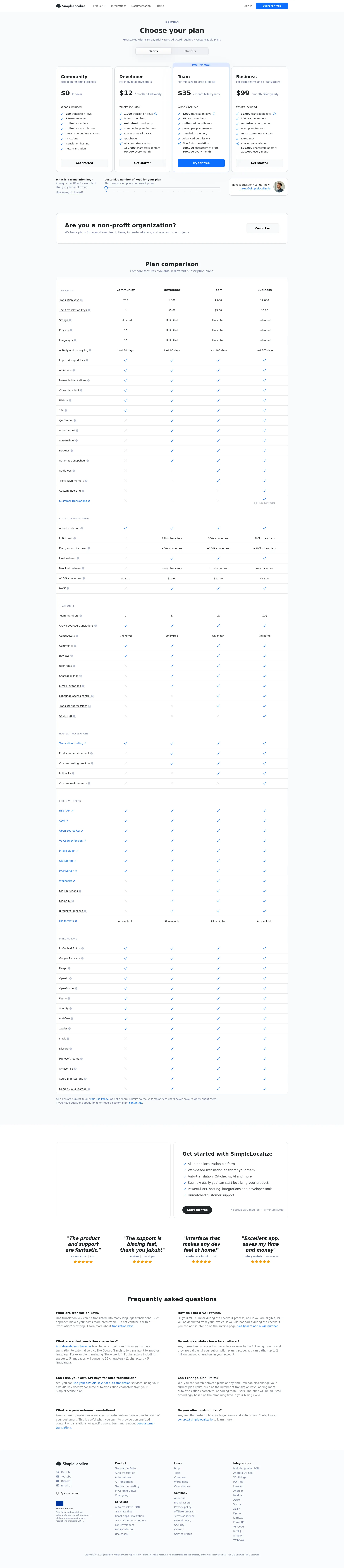 SimpleLocalize pricing page screenshot