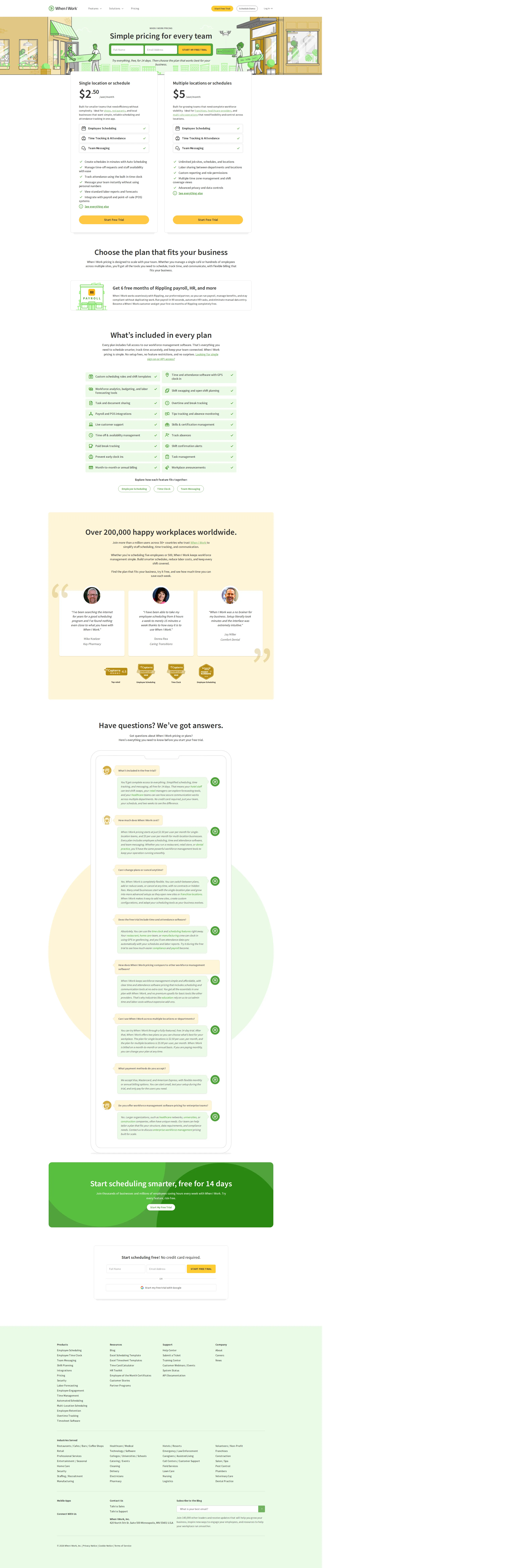 When I Work pricing page screenshot