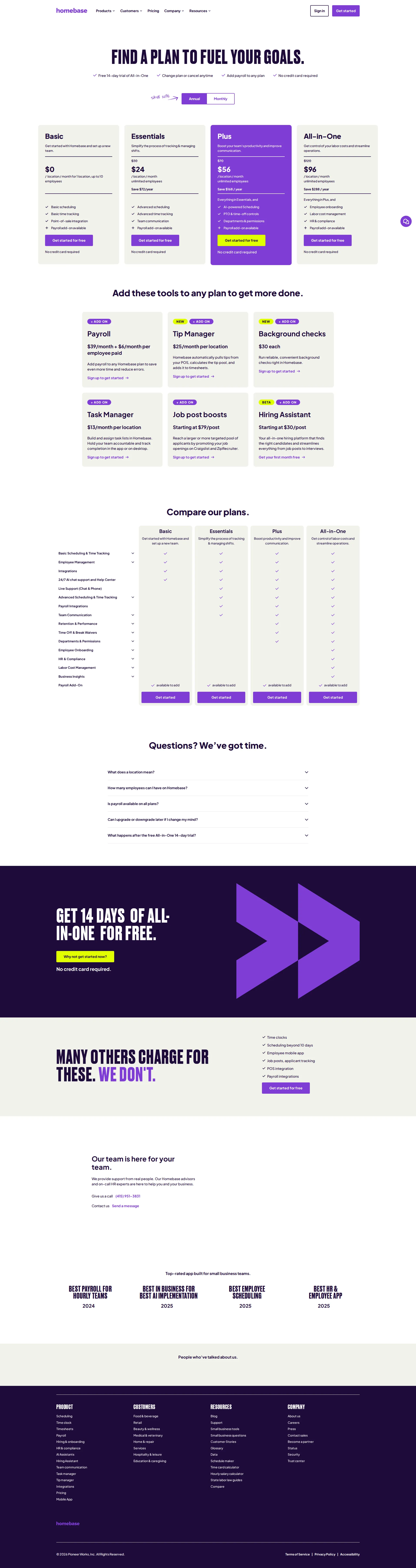 Homebase pricing page screenshot