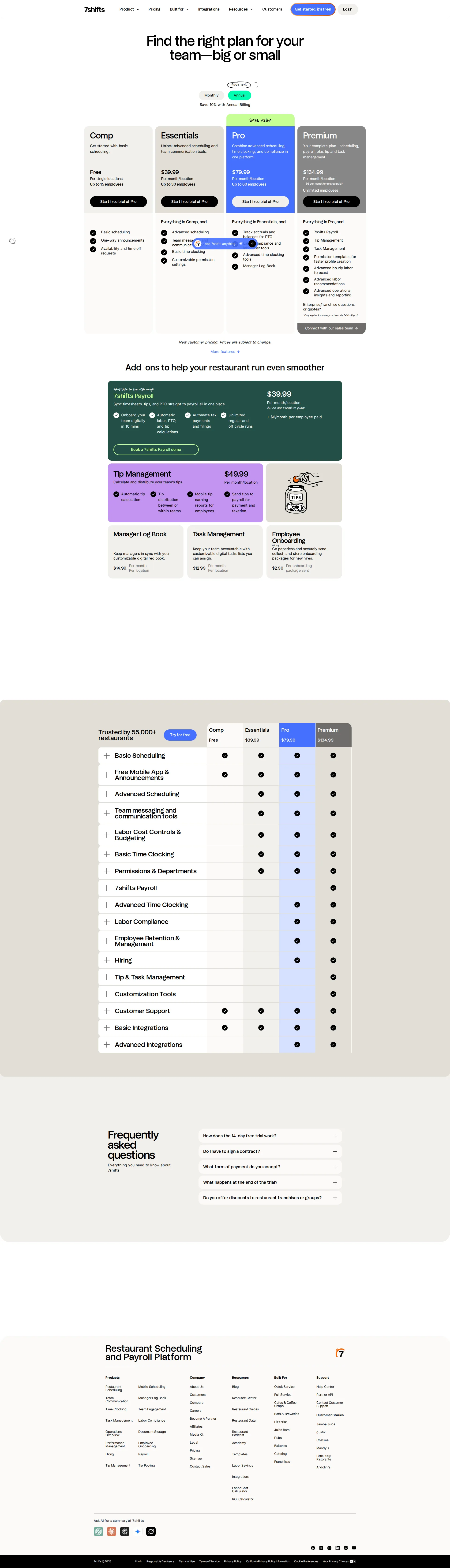 7shifts pricing page screenshot