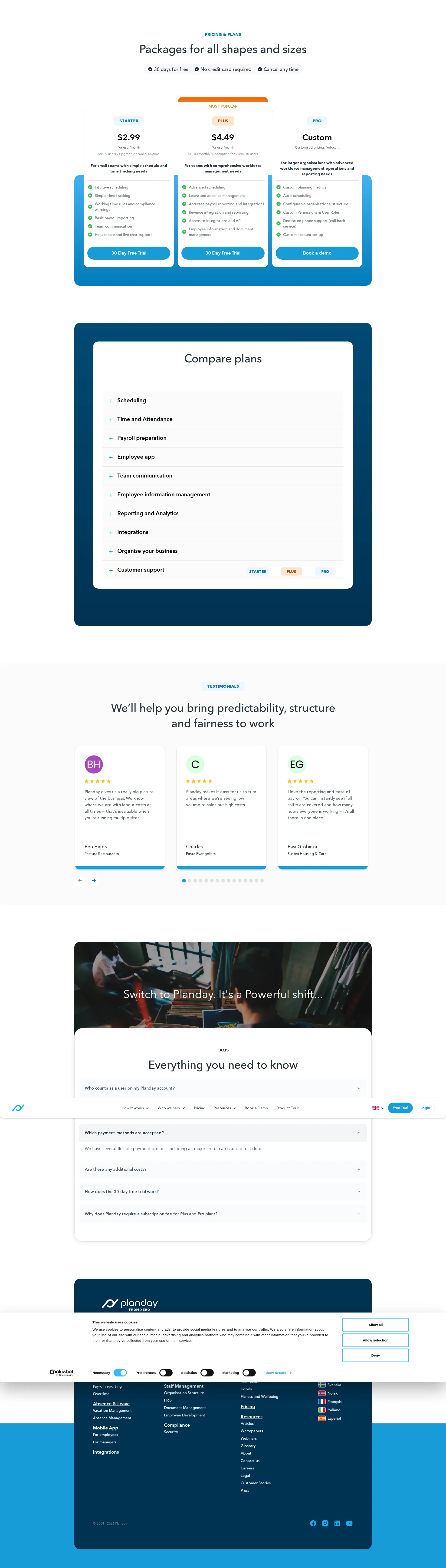 Planday pricing page screenshot