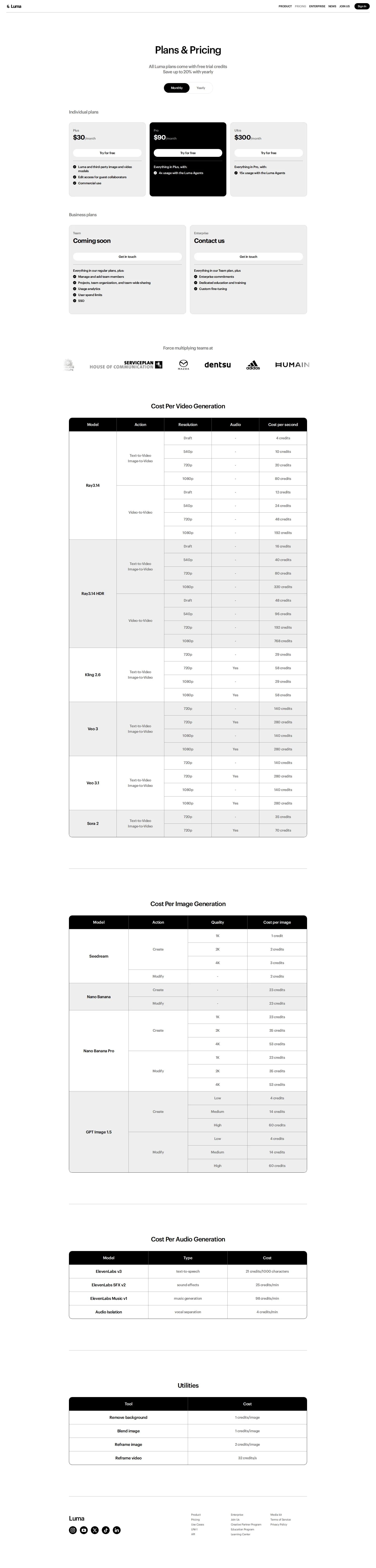 Luma AI pricing page screenshot