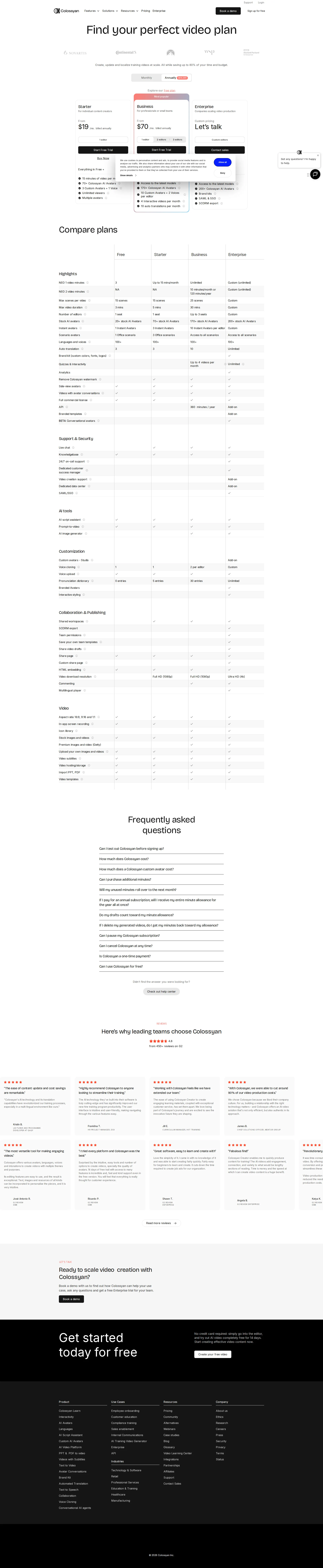 Colossyan pricing page screenshot