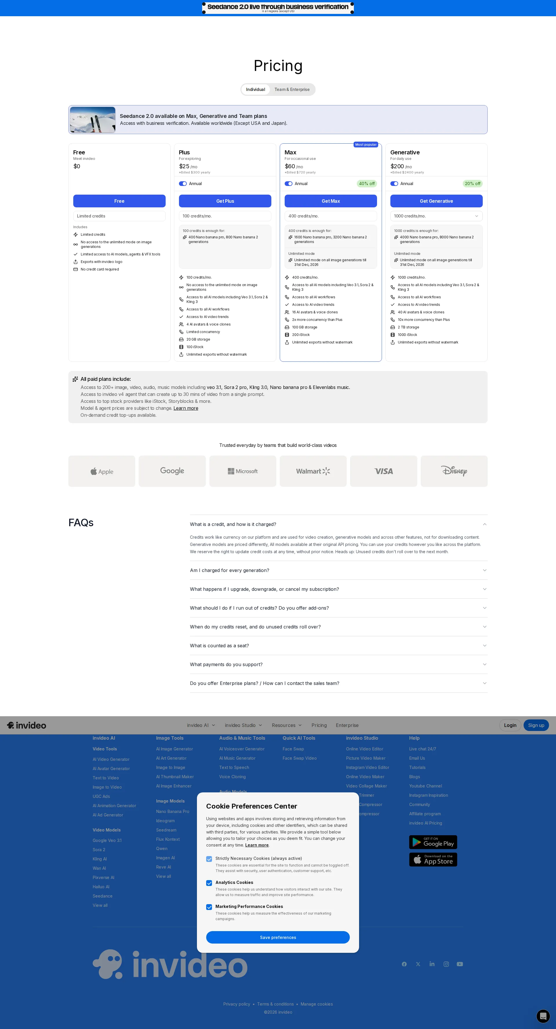 Invideo AI pricing page screenshot