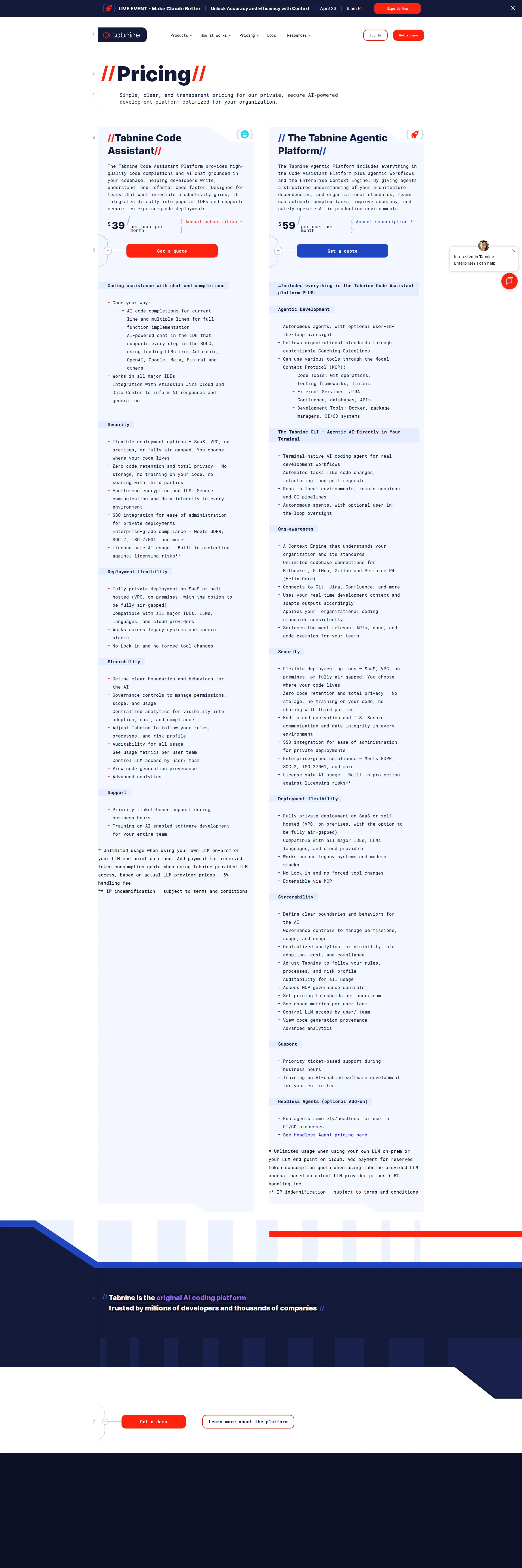 Tabnine pricing page screenshot