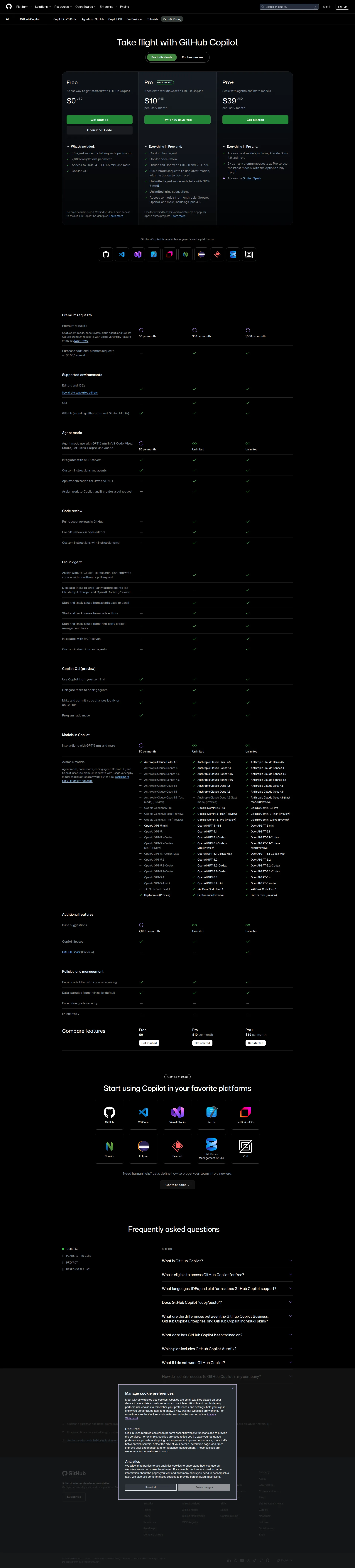 GitHub Copilot pricing page screenshot