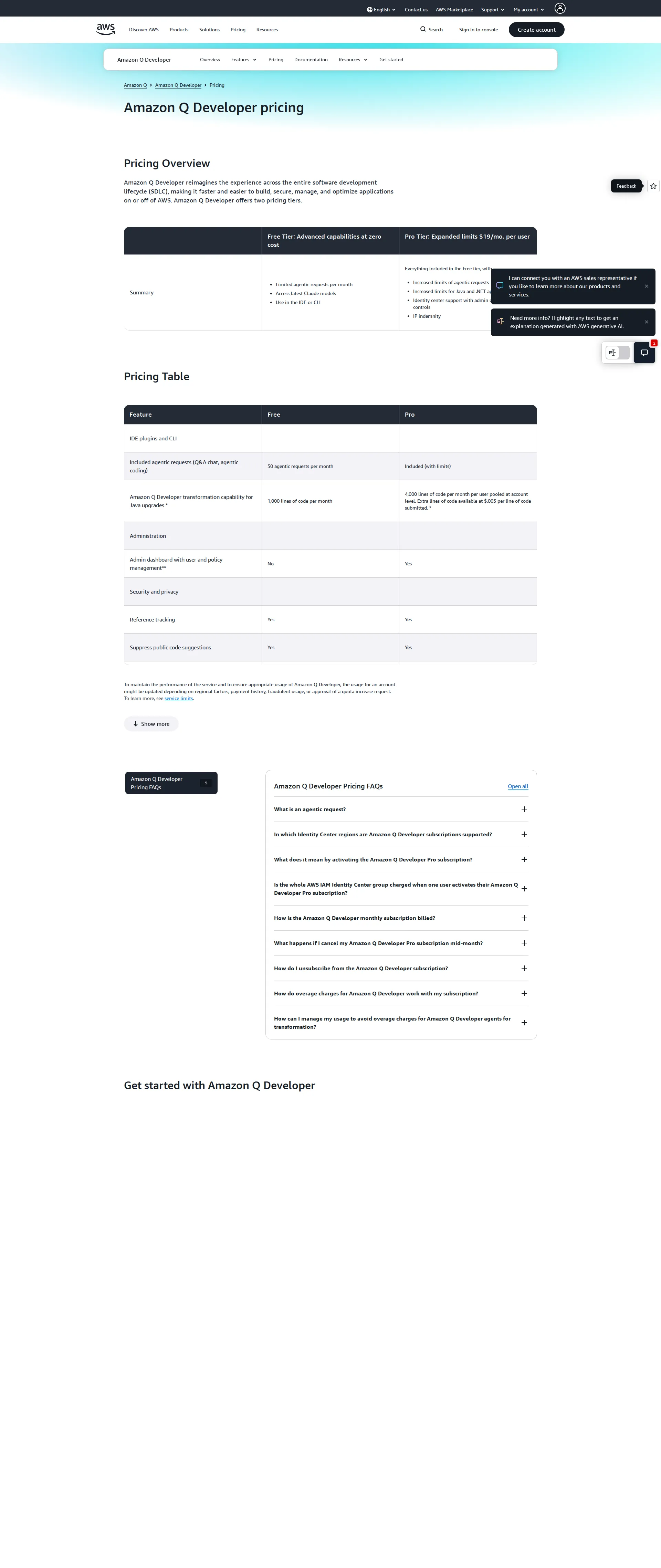 Amazon Q Developer pricing page screenshot