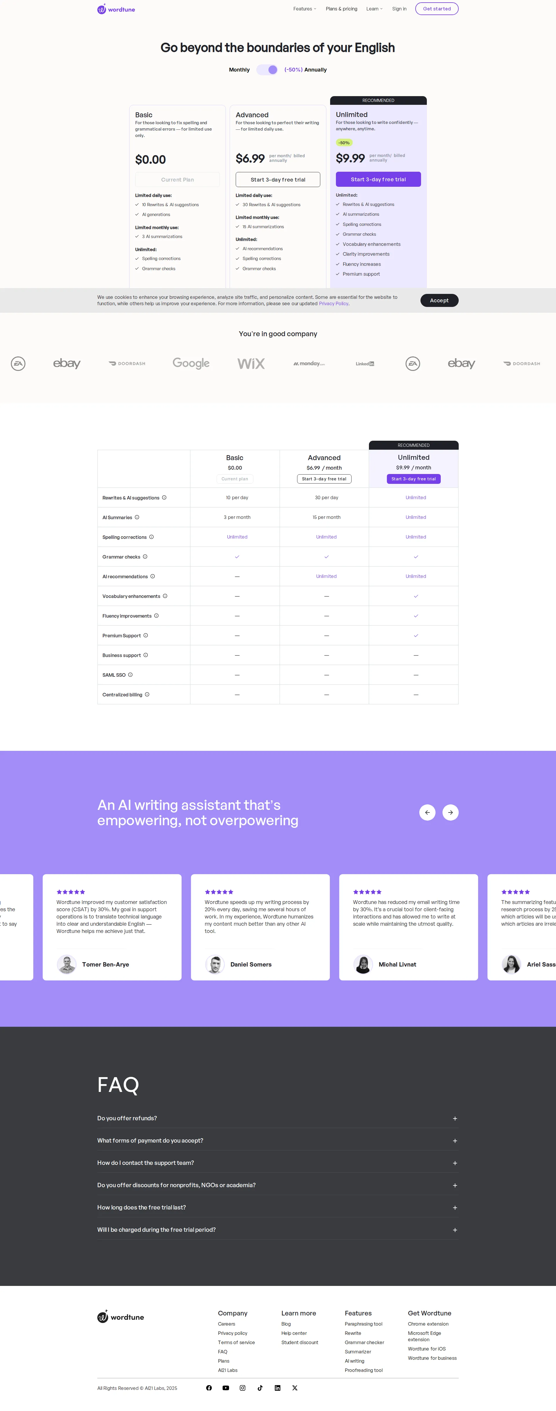 Wordtune pricing page screenshot