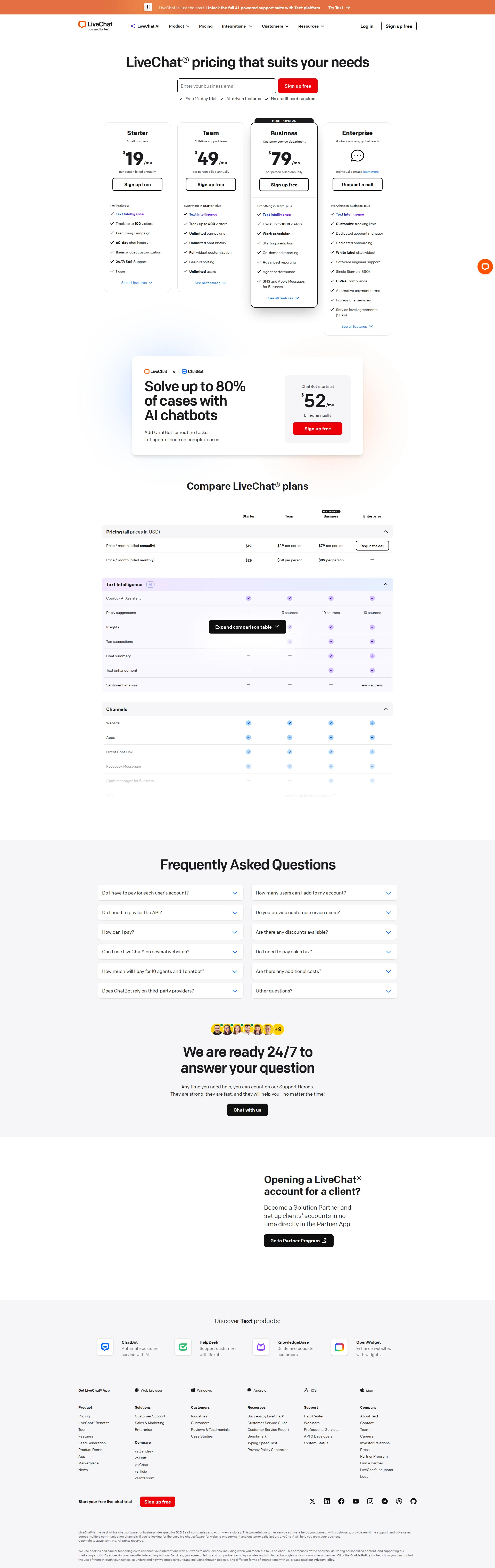 LiveChat pricing page screenshot