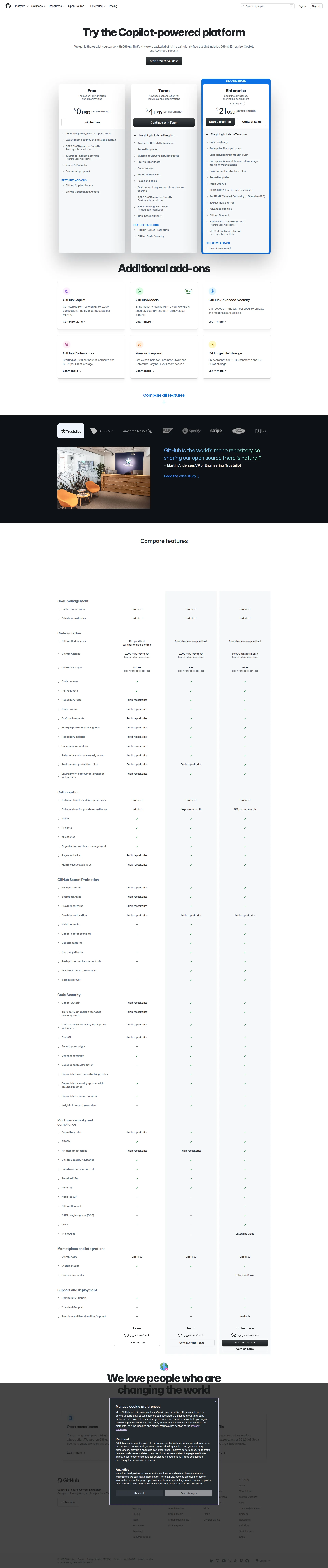 GitHub pricing page screenshot