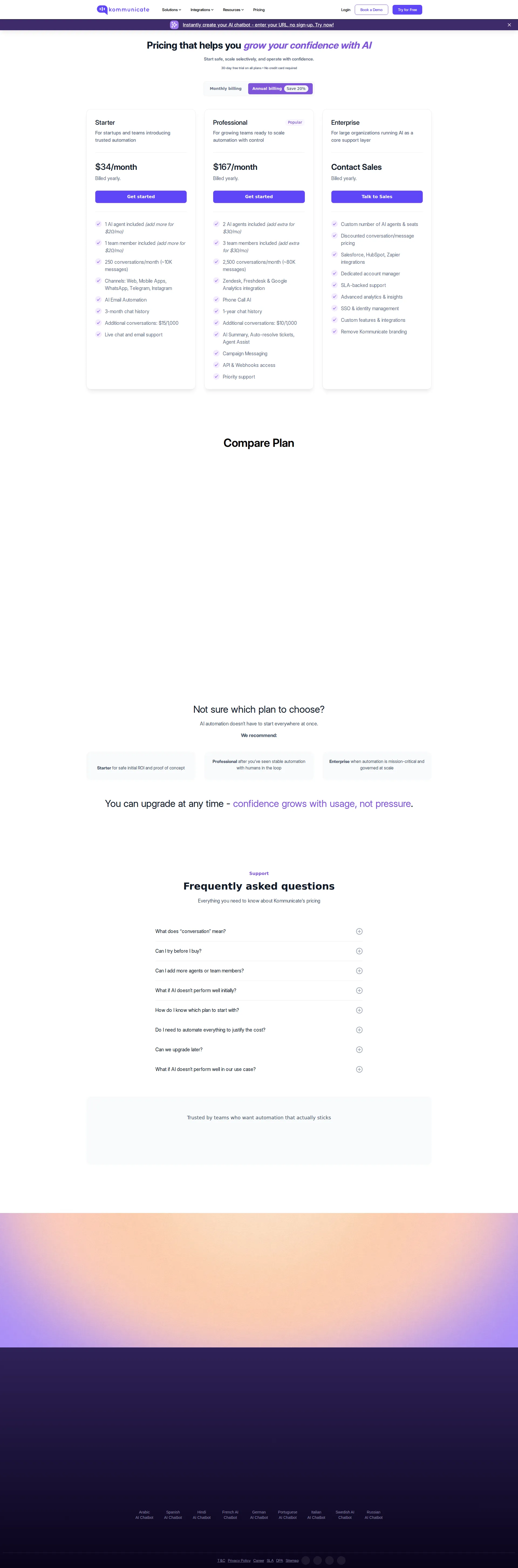 Kommunicate pricing page screenshot