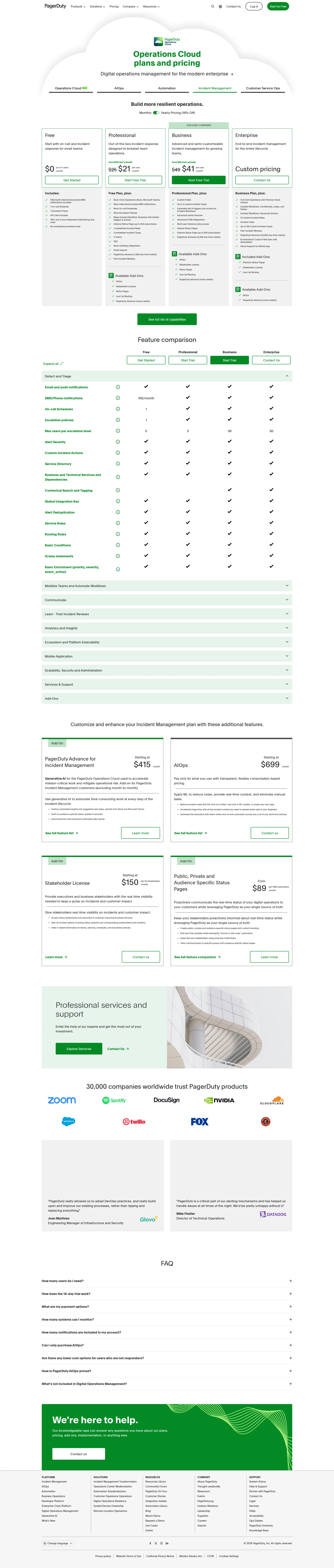 PagerDuty pricing page screenshot