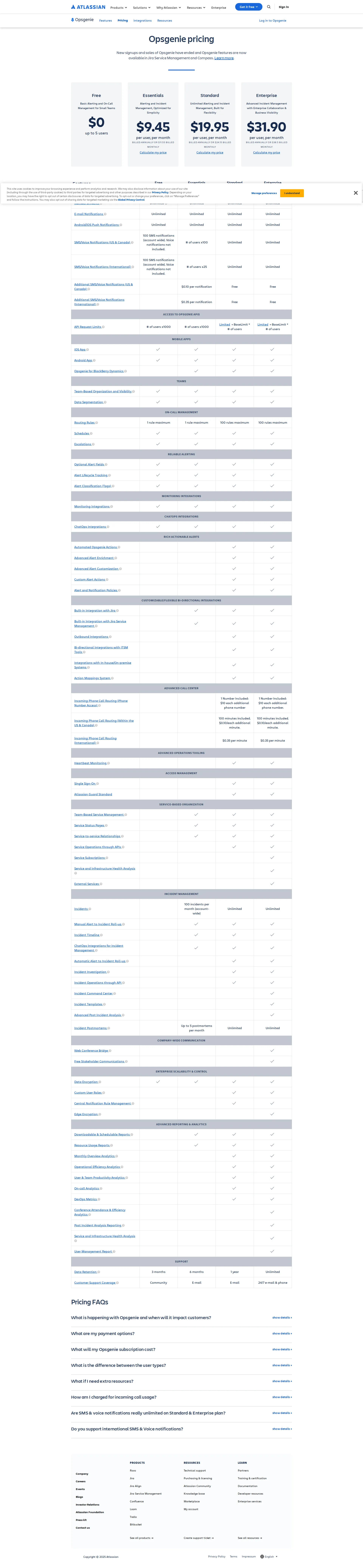 OpsGenie pricing page screenshot