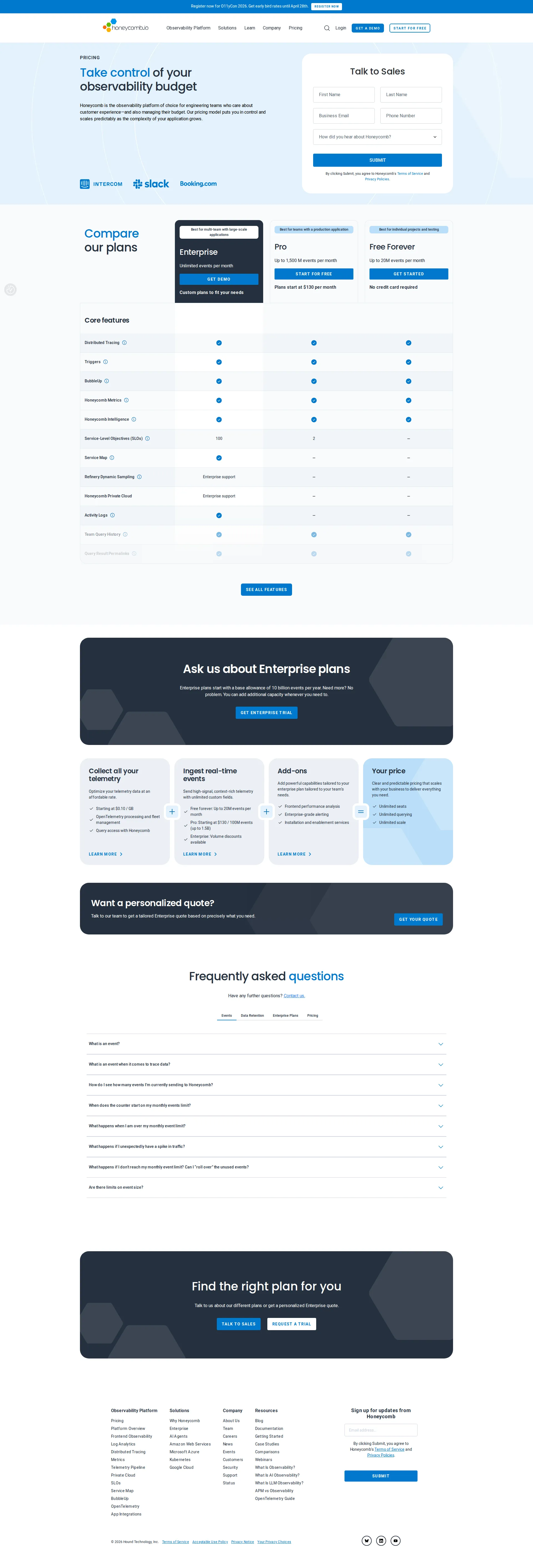 Honeycomb pricing page screenshot