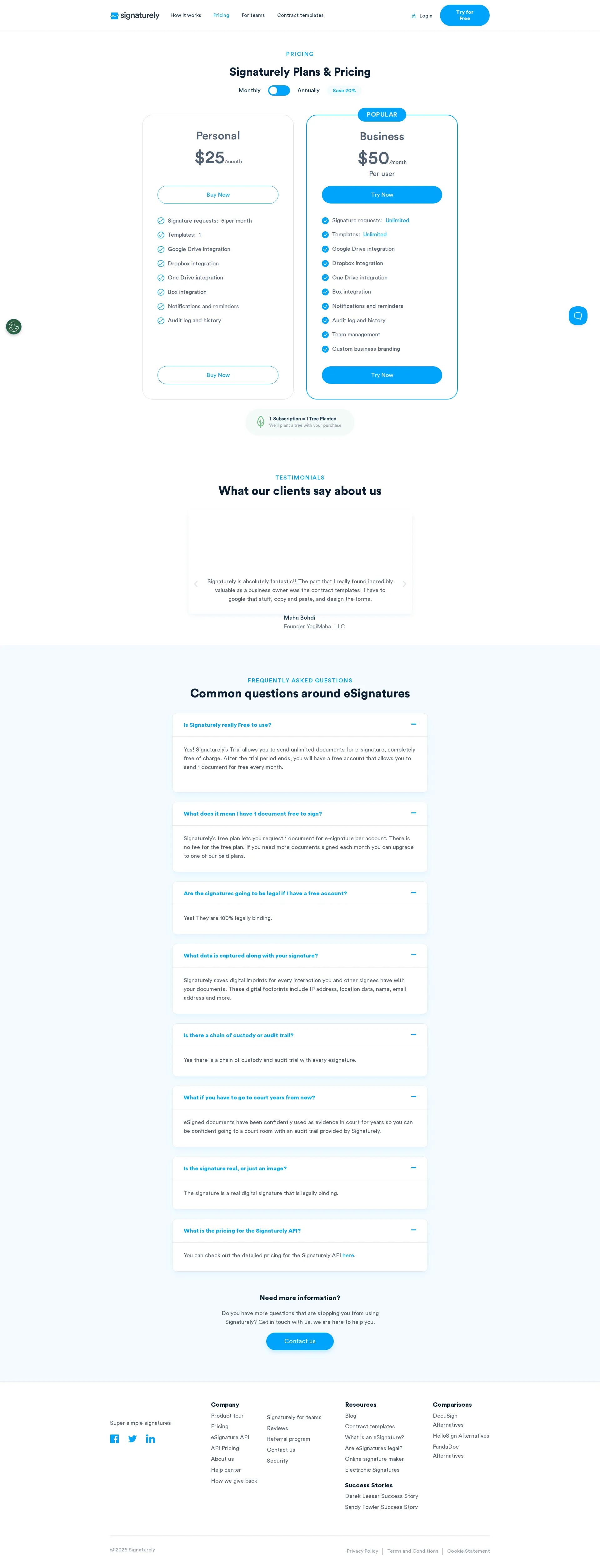 Signaturely pricing page screenshot