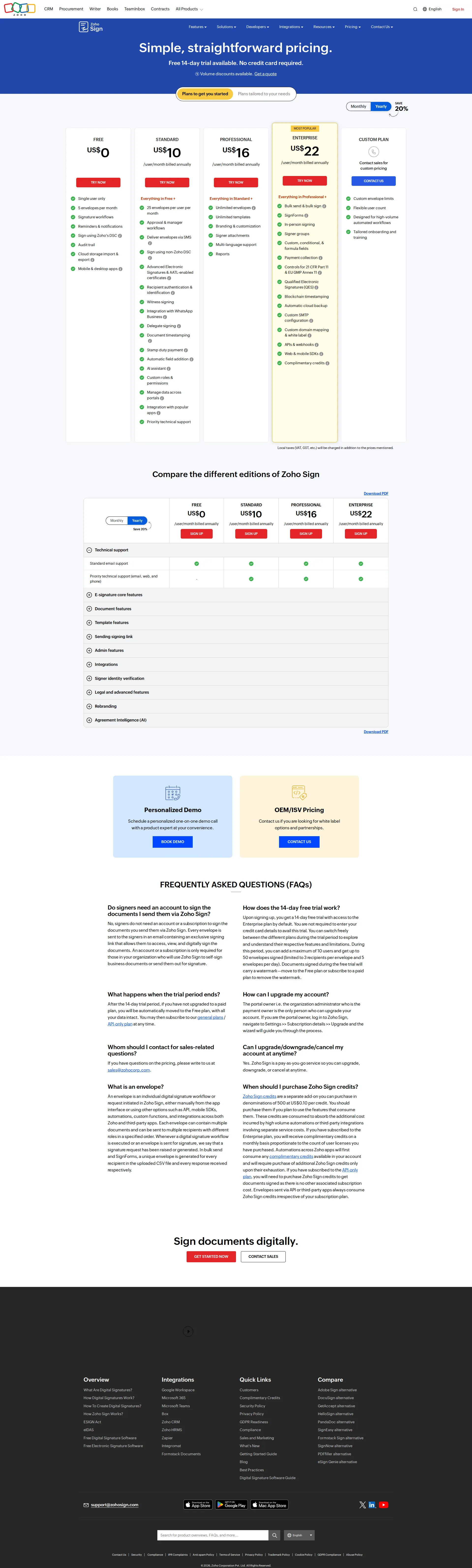 Zoho Sign pricing page screenshot