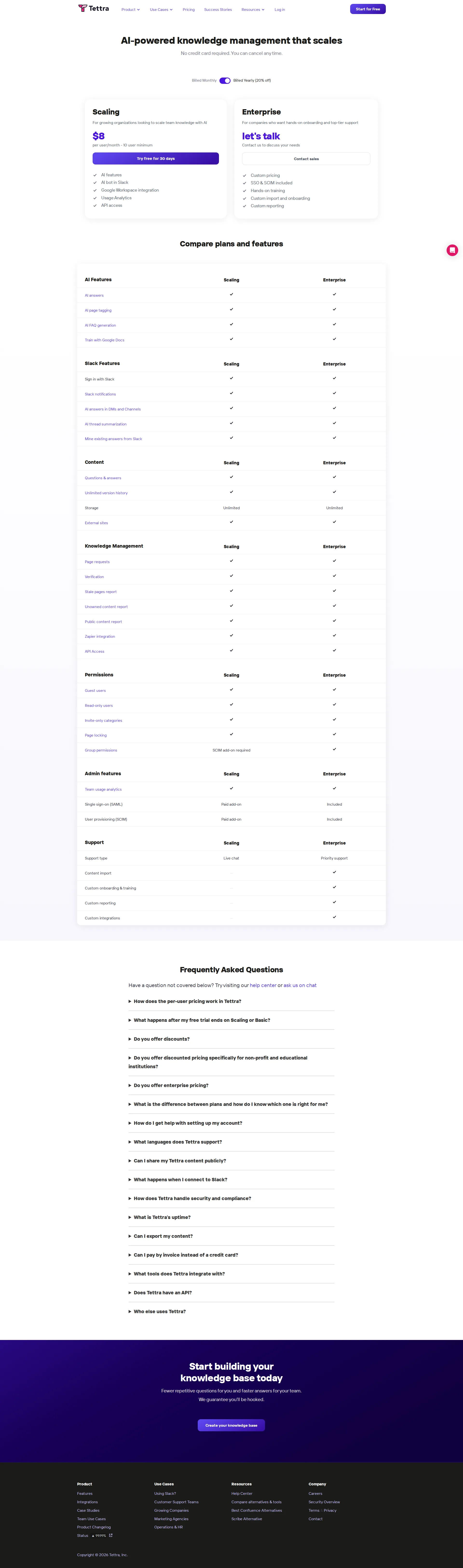 Tettra pricing page screenshot